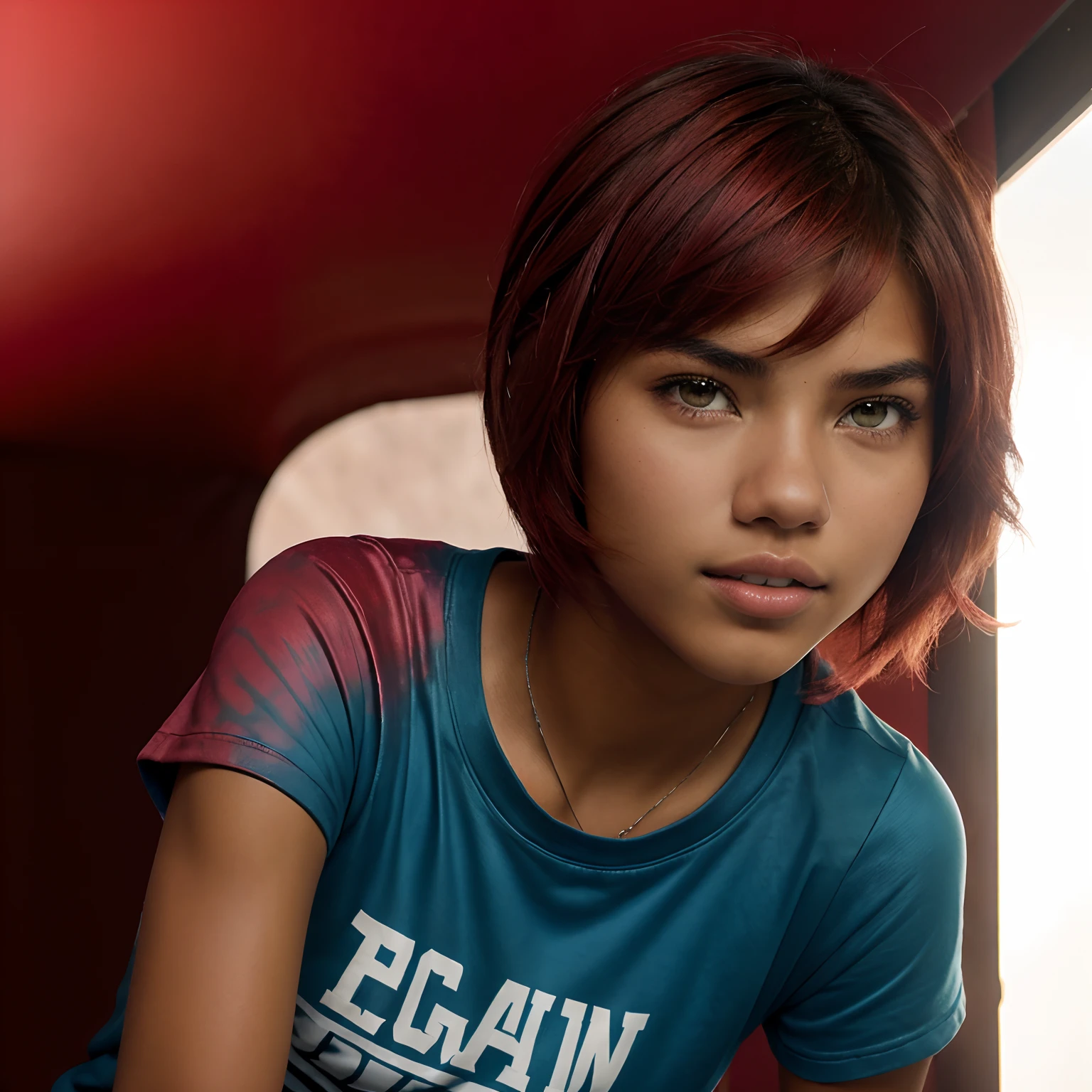 A Photo Of 1  Girl, ((Tupi Guarani Girl)), ((Tupinambá)), ((Teenager))Years Old)), ( Tone)), ((Face Features Of Taylor Lautner and Adriana Lima)), ((Long Pixie Cut Hair)), (Straigth Hair), ((Dyed Red Hair Color)), Flowy Hairstyle, Pores, Realistic Skin, (Green Eyes), Wearing Makeup, ((Wearing Tomboy Clothes: 1.0)), Tomboy Style, Skater Girl Clothing, Futuristic Background, Face Focused, Looking at the viewer, Full Body Photo