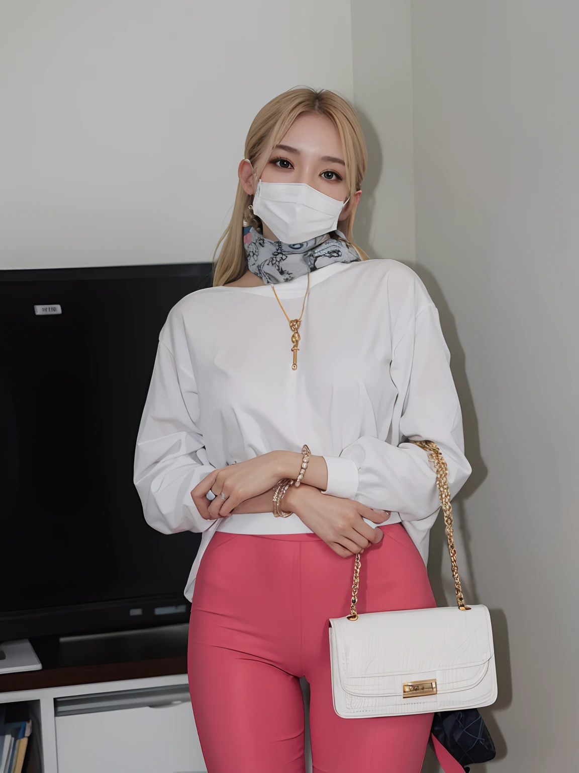 skinny skin, sexy, sensual, beautifull face, ideal body, medium breast, realistic, wearing mask