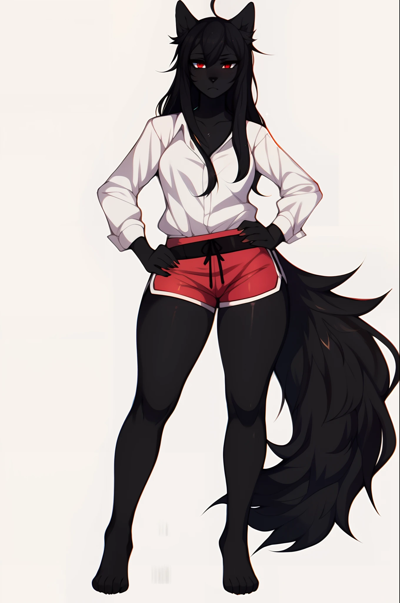 by fumiko, by claweddrip, by hyattlen, an all black furry anthropomorphic wolf girl, all black body, snout, red eyes, long black hair,standing, wearing red shorts, white shirt, thick thighs, all white background, serious face, barefoot