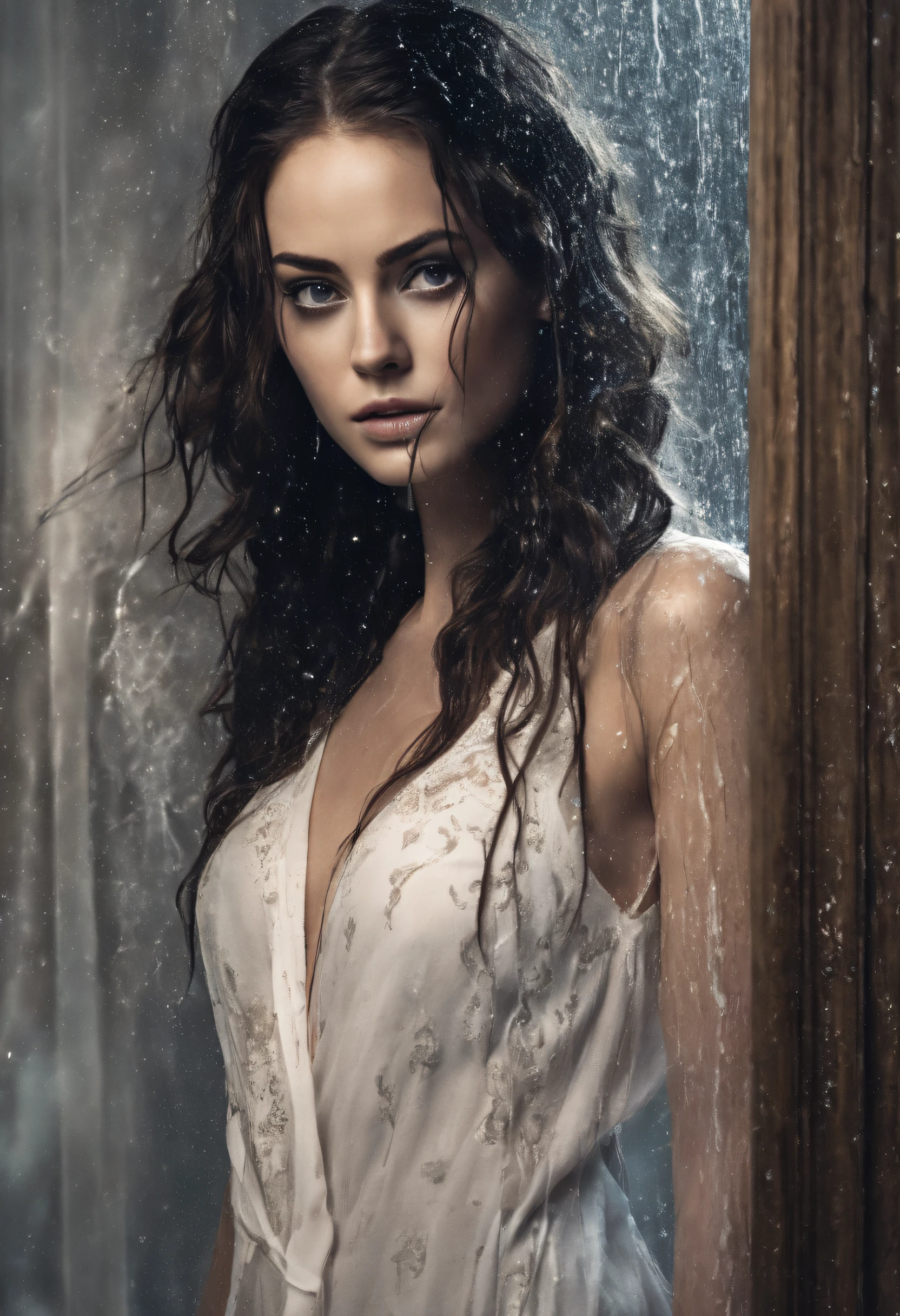 soaking wet Kaya Scodelario walking out of shower, wrap with a small white towel only, both hands on her head fixing hair-bun, no shoes, long legs, showing thighs, masterpiece, cinematic shading, cinmatic lighting, photo realistic, extremely detailed, photo realistic, RAW photo, high quality, highres, sharp focus, extremely detailed, cinematic lighting, 8k uhd