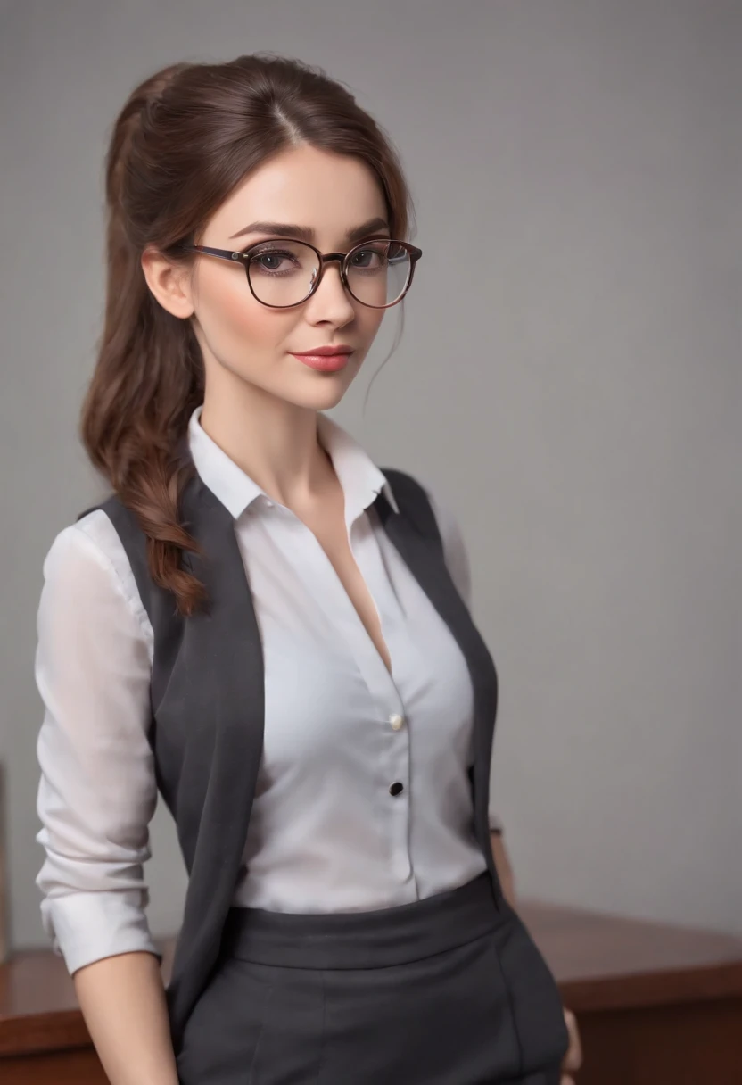 cartoon style businesswoman full body, brown hair with pony tail , wearing glasses, character sheet