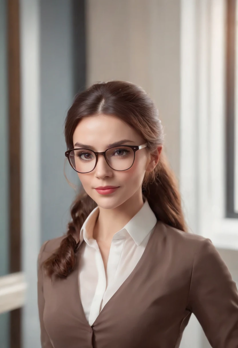 cartoon style businesswoman  full body, brown hair with pony tail , wearing glasses, character sheet