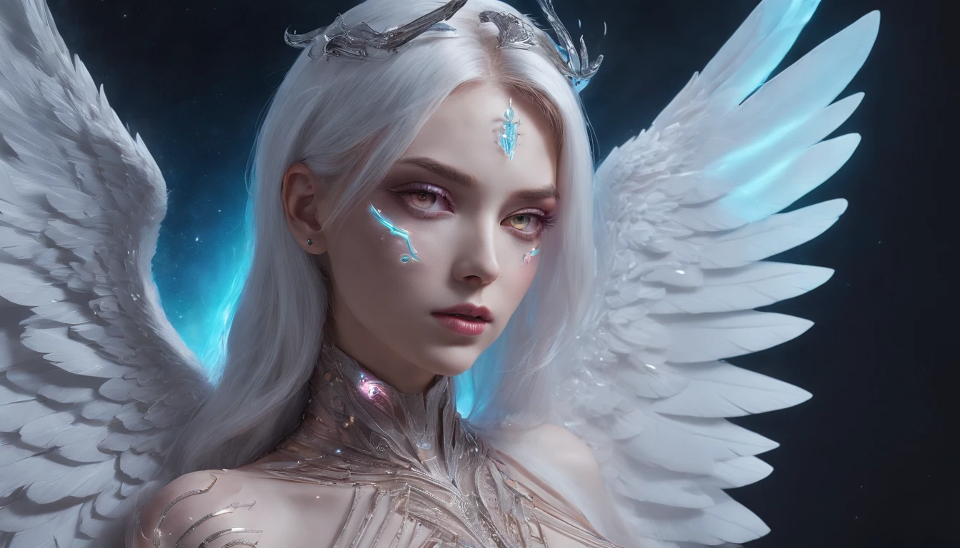 Cosmic Fallen Angel, glowing light eyes, Delicate and beautiful face,Bigchest,Biomechanical, eerie, Dream-like, Very bright colors, Light particles, with light glowing, Mshiv, wallpaper art, UHD wallpaper