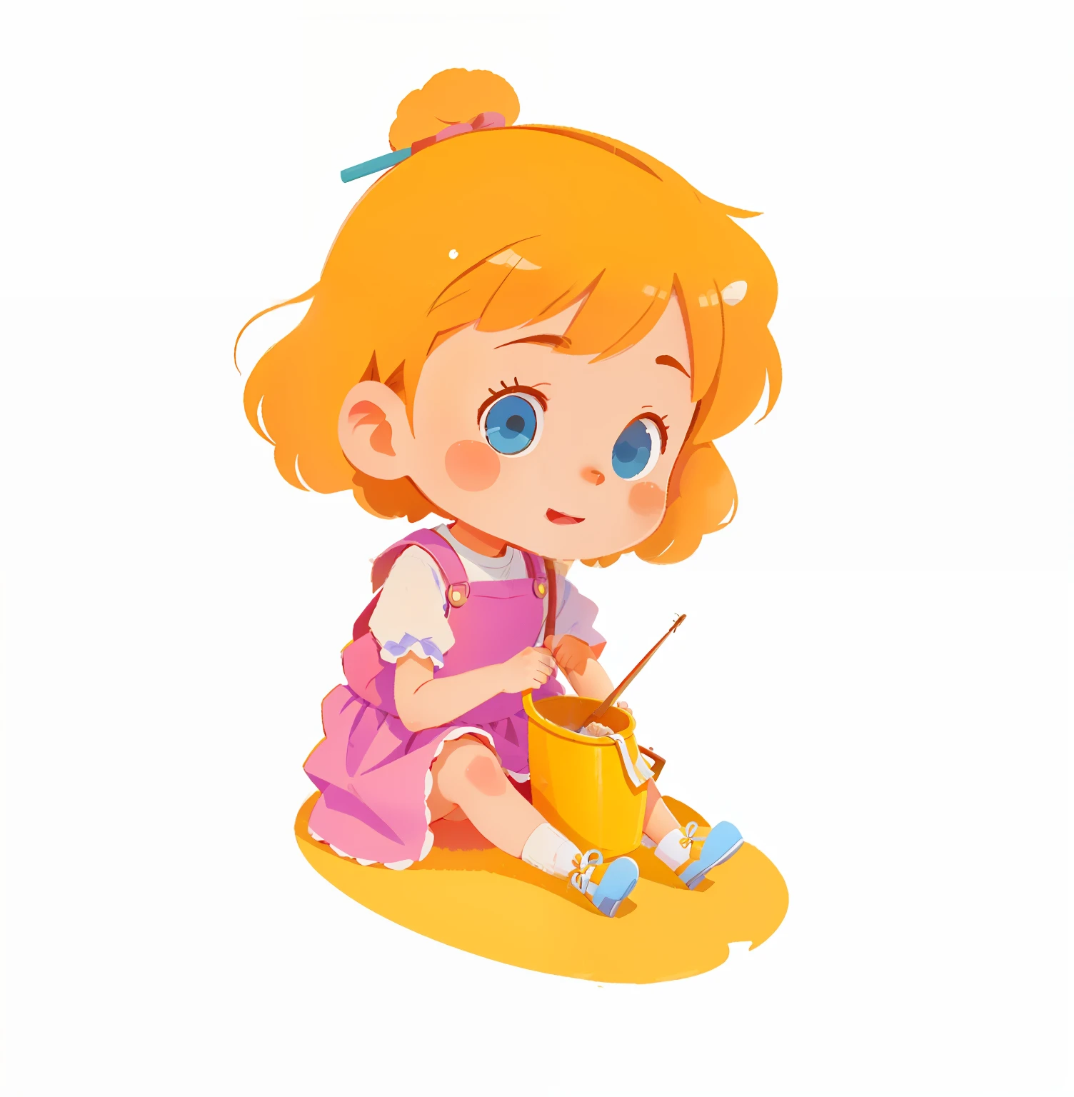 Cartoon girl sitting on the floor holding a bucket, menina com cabelo castanho, stands ((brincar)), The anime girl is sitting, expression of happy, brincando, Pescador:2, cute illustration, vestido rosa uma menina bonito, expression , menina anime jovem,