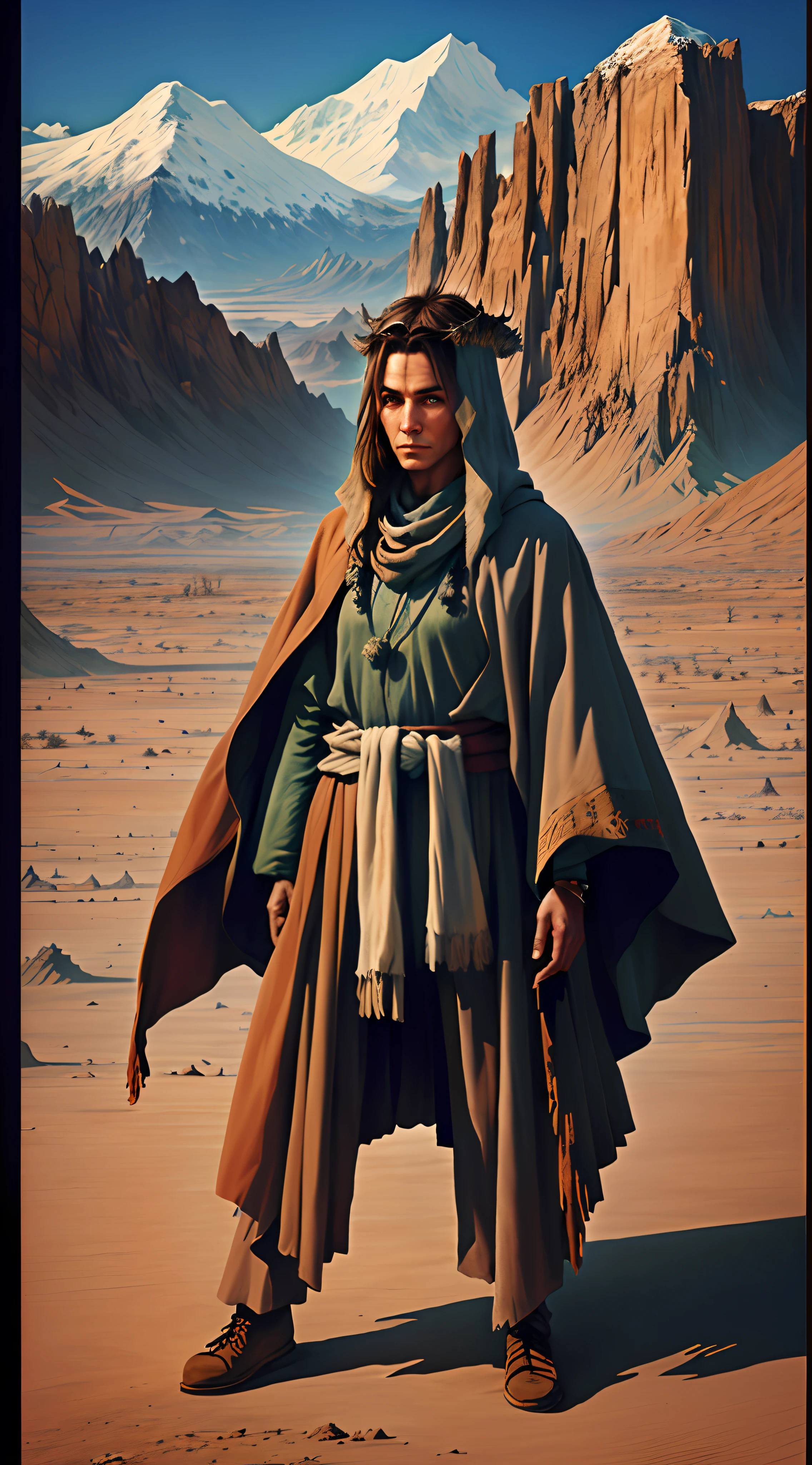 concept art of a character in the forground with a cold desert in the background, a modern shaman , realistic face and head, different poses