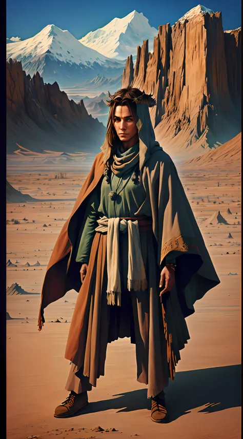 concept art of a character in the forground with a cold desert in the background, a modern shaman , realistic face and head, dif...