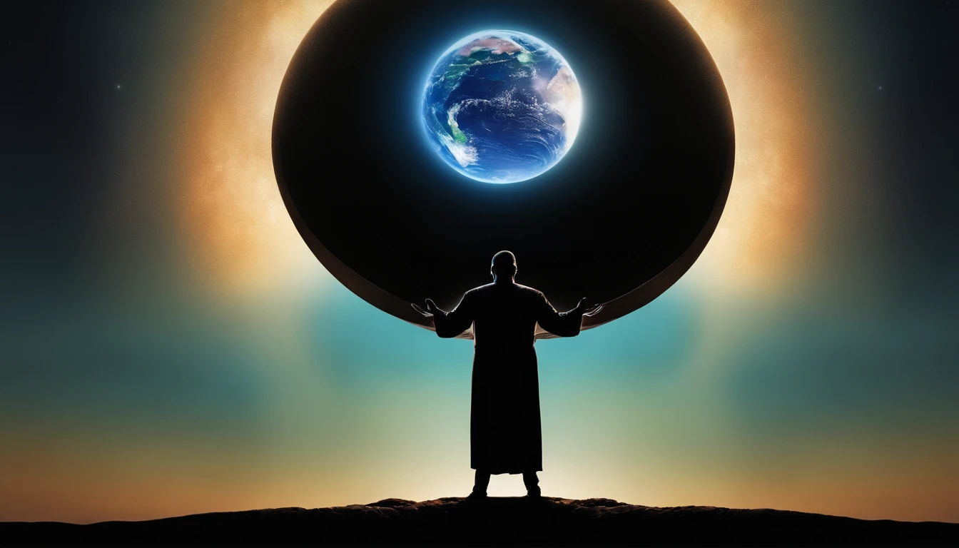 A silhouette of a benevolent figure (representing the Good) with hands outstretched, and a glowing Earth-like orb forming in front of Him.