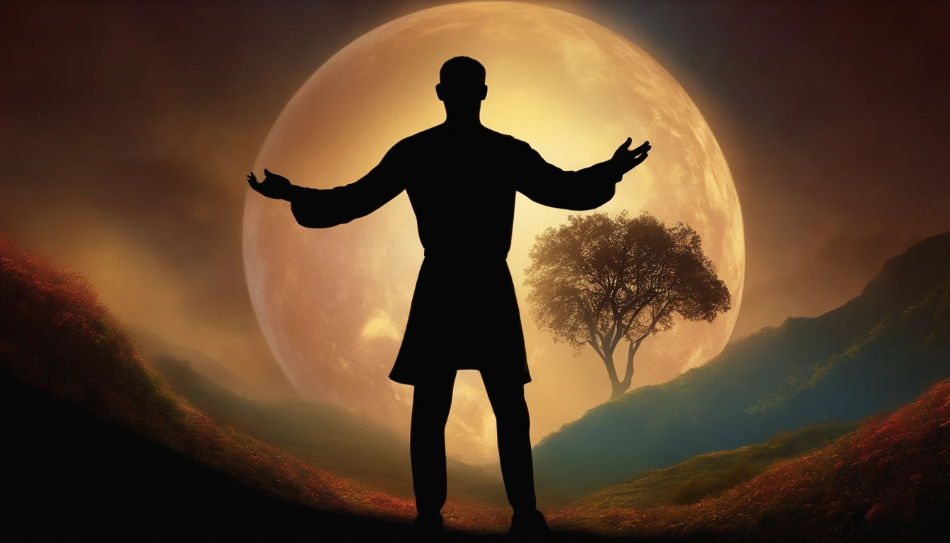 A silhouette of a benevolent figure (representing the Good) with hands outstretched, and a glowing Earth-like orb forming in front of Him.
