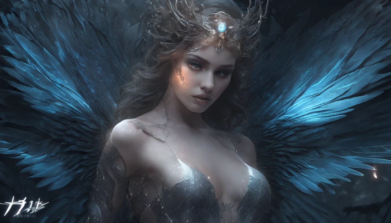Cosmic Fallen Angel, glowing light eyes, Delicate and beautiful face,Bigchest,Biomechanical, eerie, Dream-like, Very bright colors, Light particles, with light glowing, Mshiv, wallpaper art, UHD wallpaper