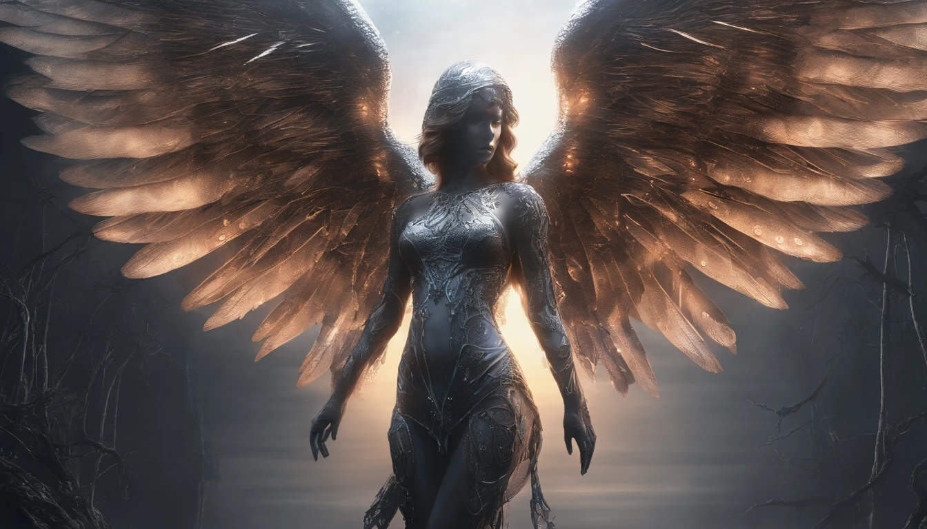 Cosmic Fallen Angel, glowing light eyes, Delicate and beautiful face,Bigchest,Biomechanical, eerie, Dream-like, Very bright colors, Light particles, with light glowing, Mshiv, wallpaper art, UHD wallpaper