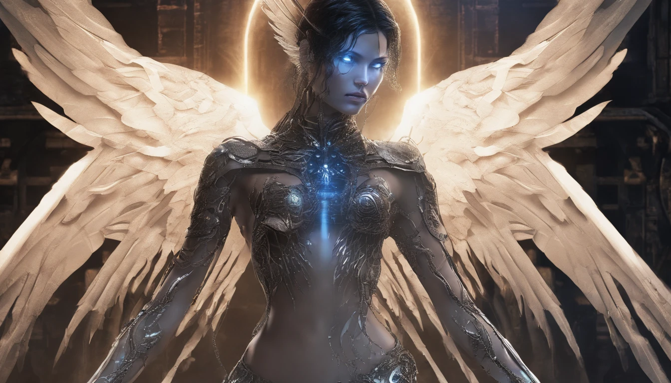 Cosmic Fallen Angel, glowing light eyes, Delicate and beautiful face，Bigchest，Biomechanical, eerie, Dream-like, Very bright colors, Light particles, with light glowing, Mshiv, wallpaper art, UHD wallpaper