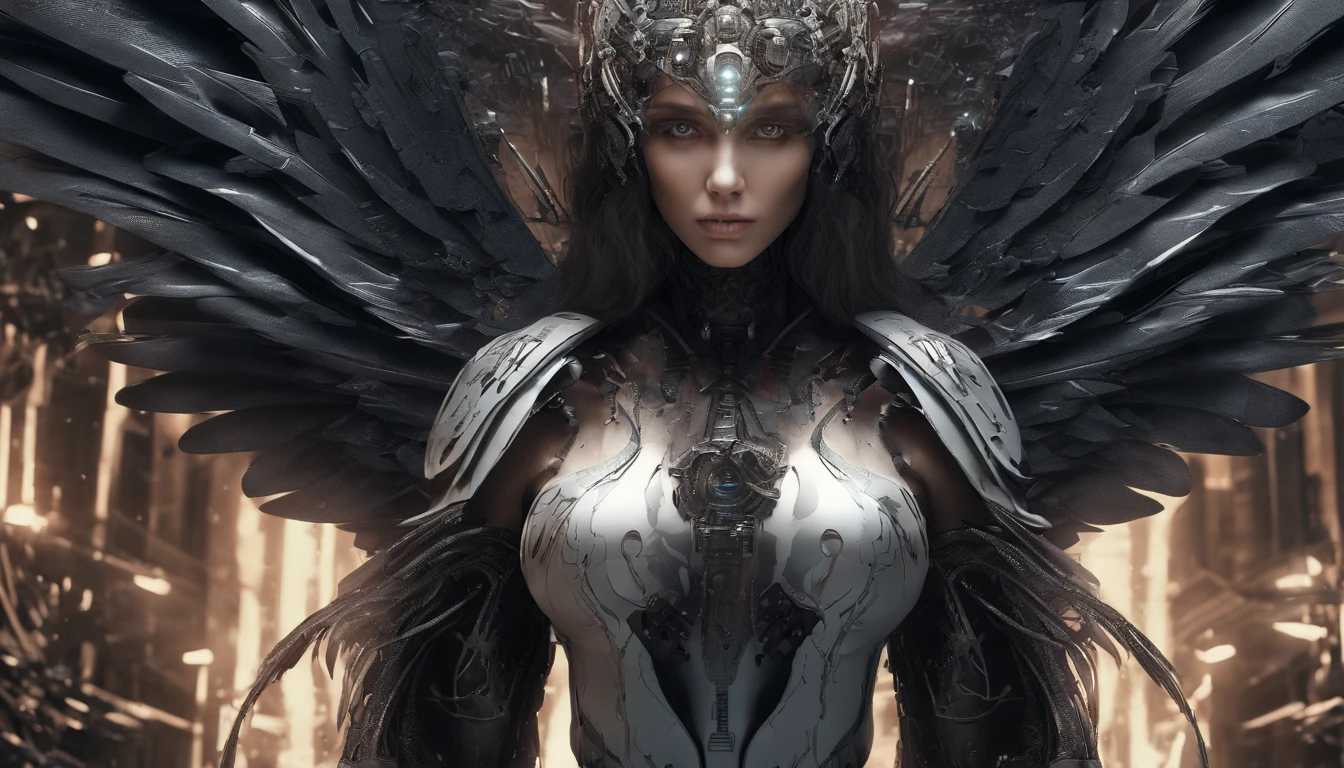 Cosmic Fallen Angel, glowing light eyes, Delicate and beautiful face,Bigchest,Biomechanical, eerie, Dream-like, Very bright colors, Light particles, with light glowing, Mshiv, wallpaper art, UHD wallpaper