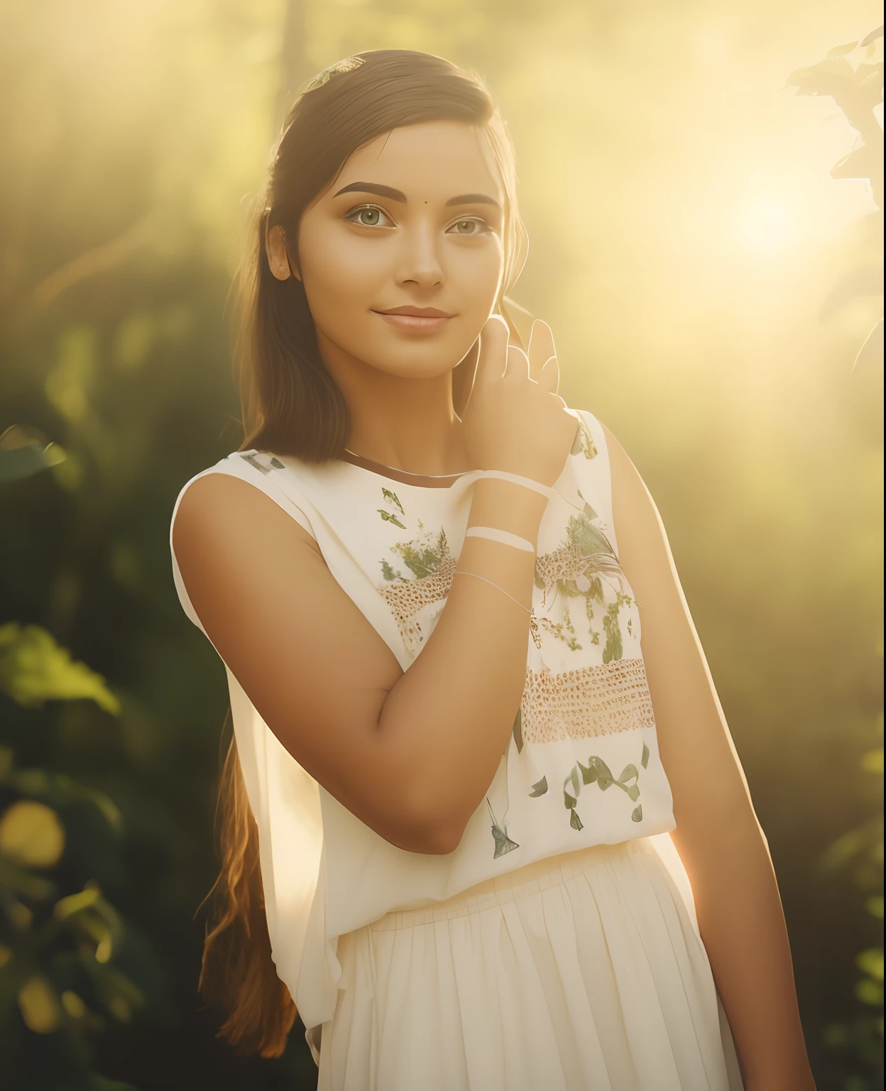 there is a young woman standing, with lovely look, very beautiful girl,greenery around, flowers, butterflies around, sunlight from back, accurate face,cinematic, realistic, hyper realistic,8k