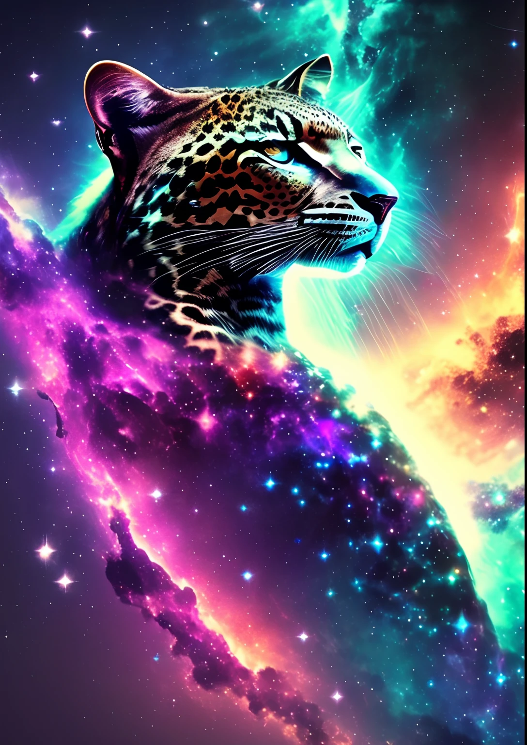 dreamlikeart, galaxy, outer space, nebula, star, [cyberpunked] Leopard from the stars (star:1.5),