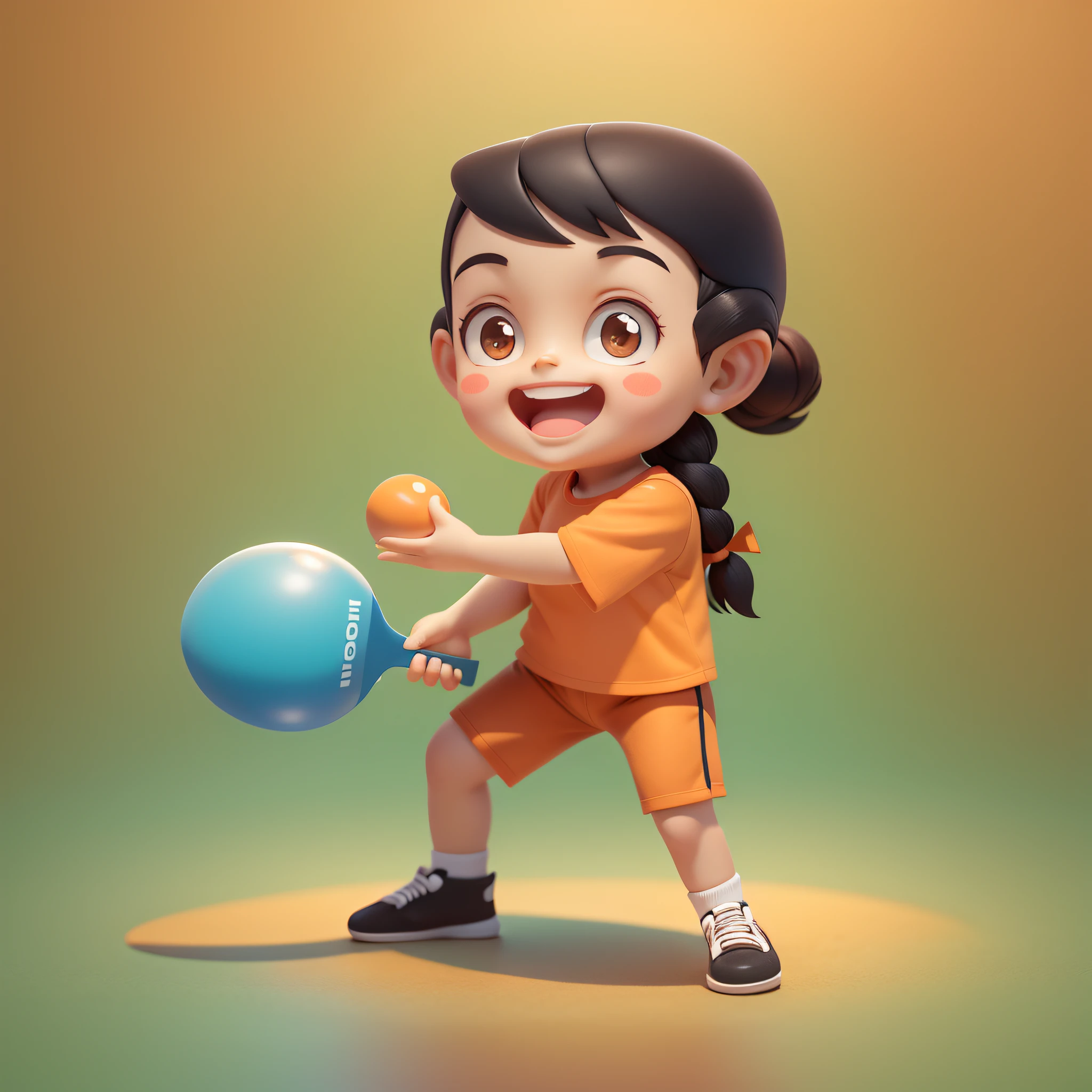 A little girl play ping pong, orange shirt, brown shorts, black hair, smiling, clean background,