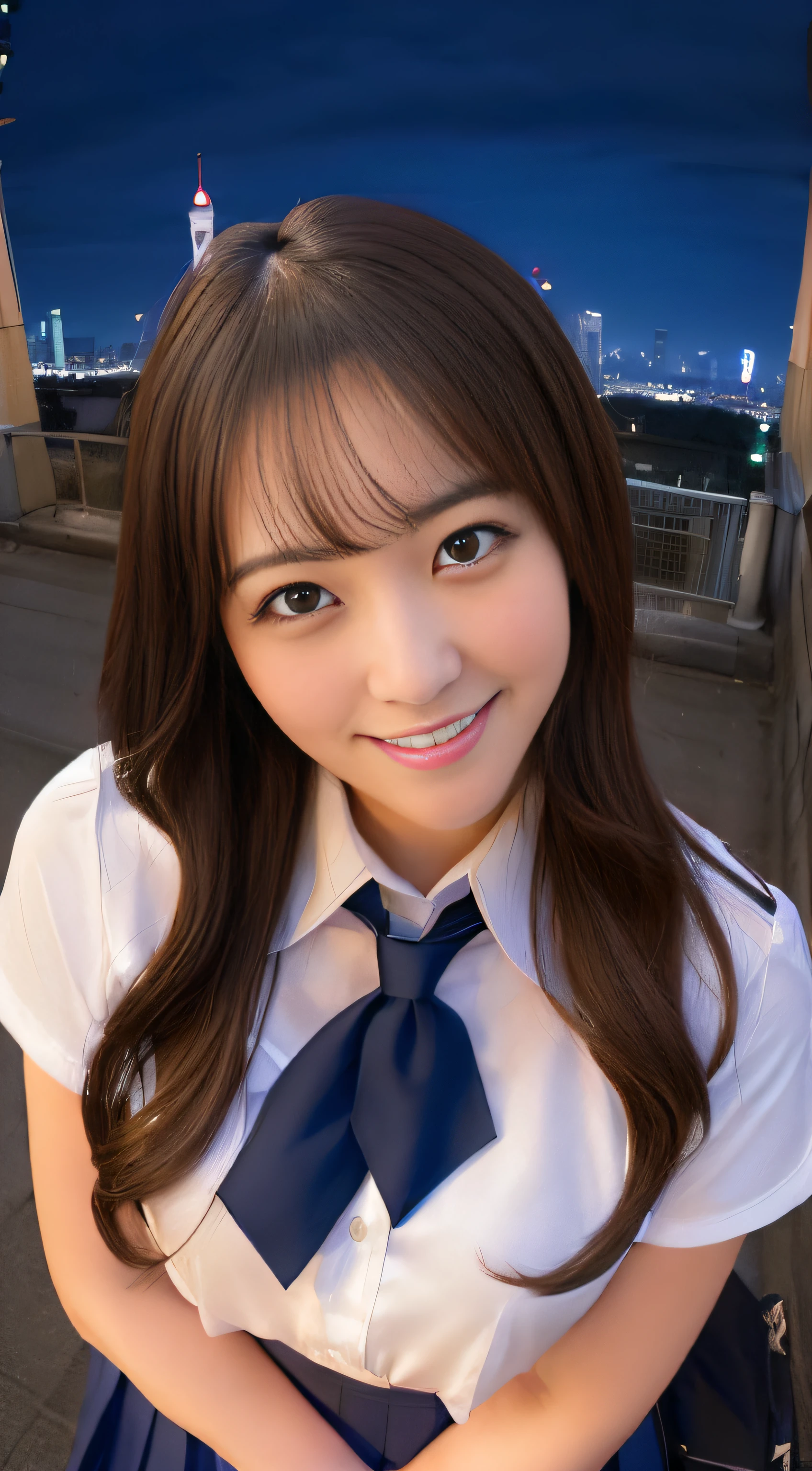 ((High School Uniforms:1.3))、((Smile:1.2)), A smile, Towering woman in high school uniform、Athletic physique for toning、Show her immense strength。GTS City，Towering buildings loom overhead,Take a leisurely stroll through the cityscape。magnificent scale。night time lighting、with a realistic、Tense and ominous atmosphere、((Perspective from the bottom:1.2)), Emphasize the majesty and power of giants