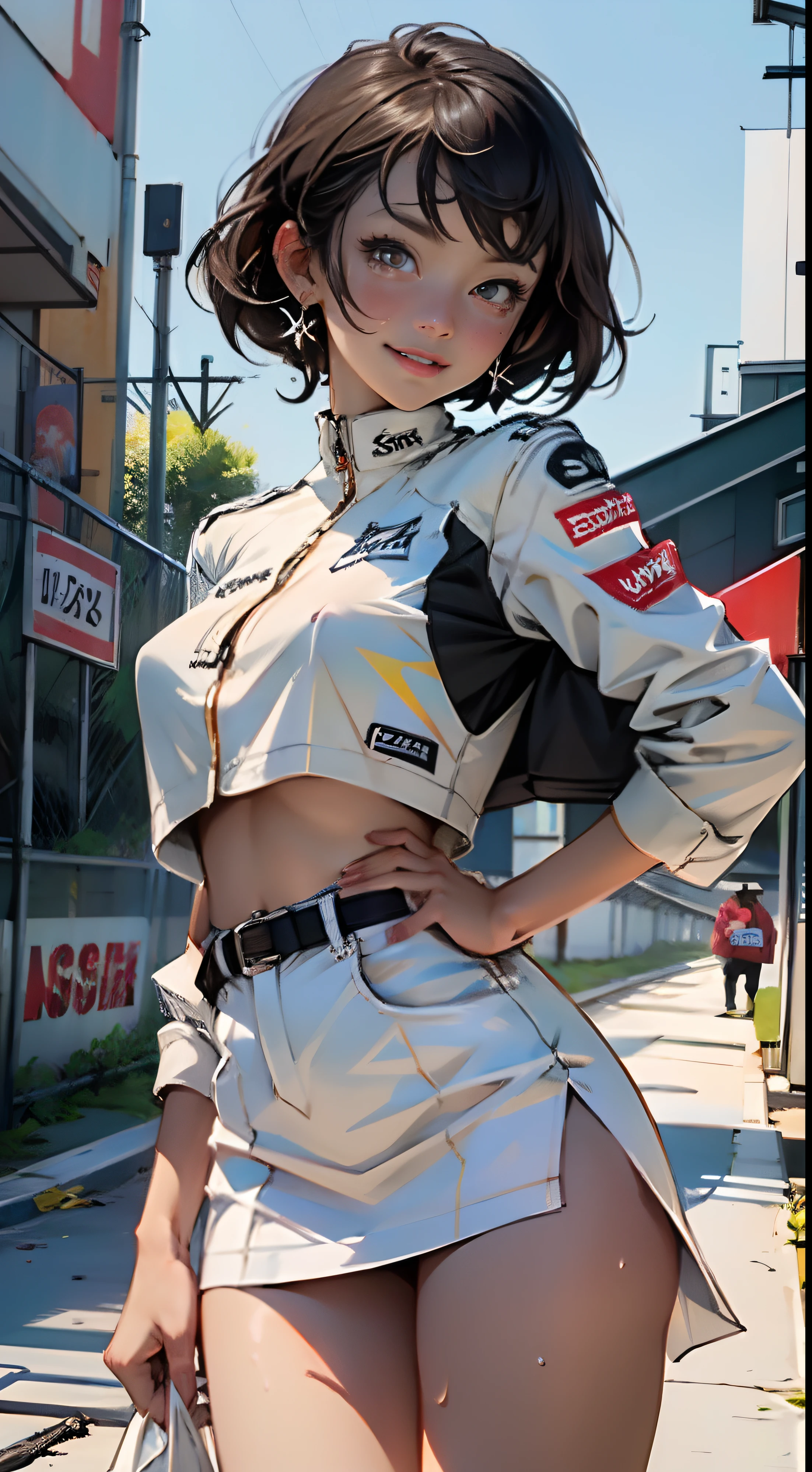 1girl huge large breasts,、((top-quality)), ((masterpiece)), 、A smile、 Pitch Resuit、Colossal tits、Puffy nipple、 knee high、Naughty face、 knee high white、Adult Woman、(cum in vaginas:1.3)、cum in mouth、( G-string to overflow:1.5)、 Sobbing tears、、 short-cut、see through White One Piece Checkered Mini Skirt、dress lift、l、Race Queen、A slender、 , masterpaintings, best qualtiy, Photorealsitic, ultra-detailliert, (shiny skins, perspired:1.4), Look at the big crowd, With short black hair, Brown-eyed,slender,dynamic light and shadow,hight resolution,Sharp Focus,depth of view,The eyes are delicate,Sharp pupils,pupil realistic,(Colossal tits),、A slender、(thick thight),outside of house,Skysky、、grid girl, underboob, wet_clothes, Wearing a grid_girl outfit with sponsor's logo printed, (standing in a motorsport racing)+,, left hand on waist