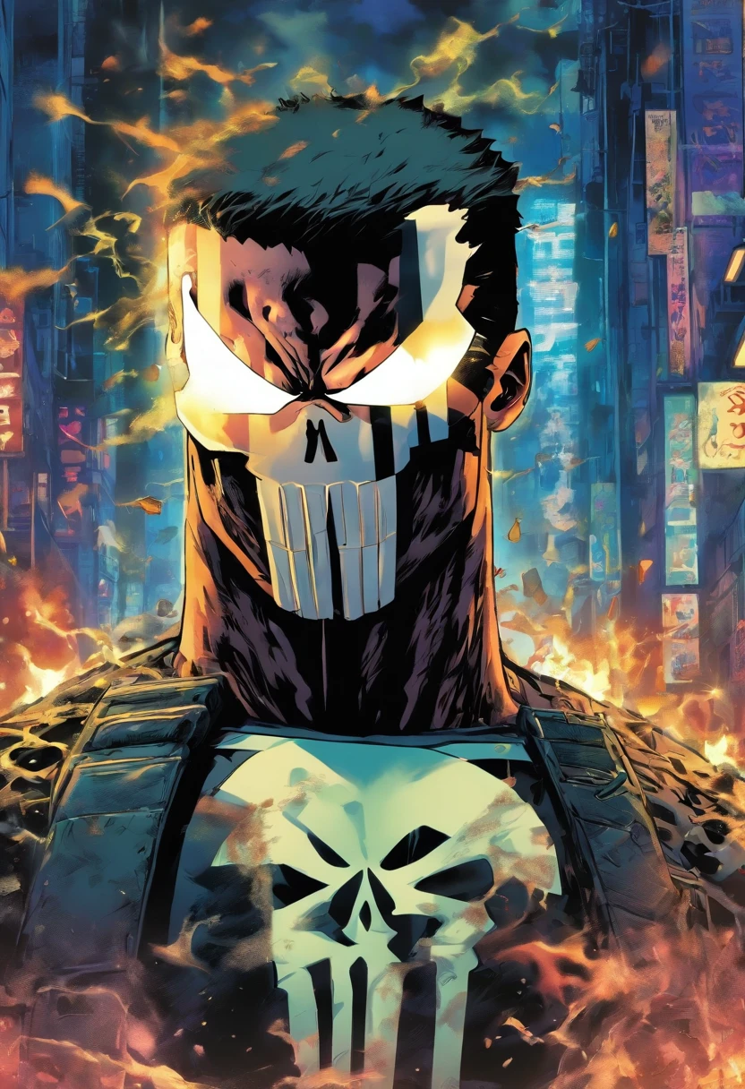 A brooding vigilante, embodying elements of Pop Art, and Cubism styles, exudes a grunge undertone in a movie poster aesthetic. Vibrant tetradic colors pop against a black light spot, creating a high-octane energy. This captivating image captures the Punisher in a dynamic and edgy manner, blending different art styles seamlessly. The details in the artwork are exquisite, showcasing the character's intense nature and complexity. The high quality of the image is undeniable, drawing viewers into the intense world of the Punisher. Sinister atmosphere. Full body.