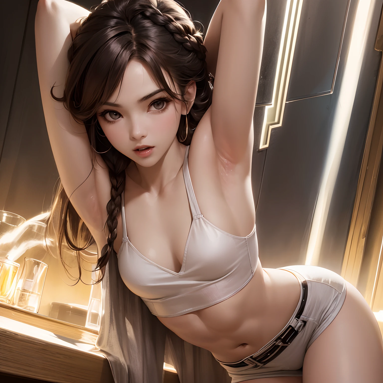 An ultra-high picture quality, Super Detail, 超A high resolution, adult woman, Sexy, Beautiful, Cute, flat chest, Abs, Amorous expression, lewd expression, , Light brown Glossy braided bangs Short hair, Legs wide open, Armpit, Professional Lighting