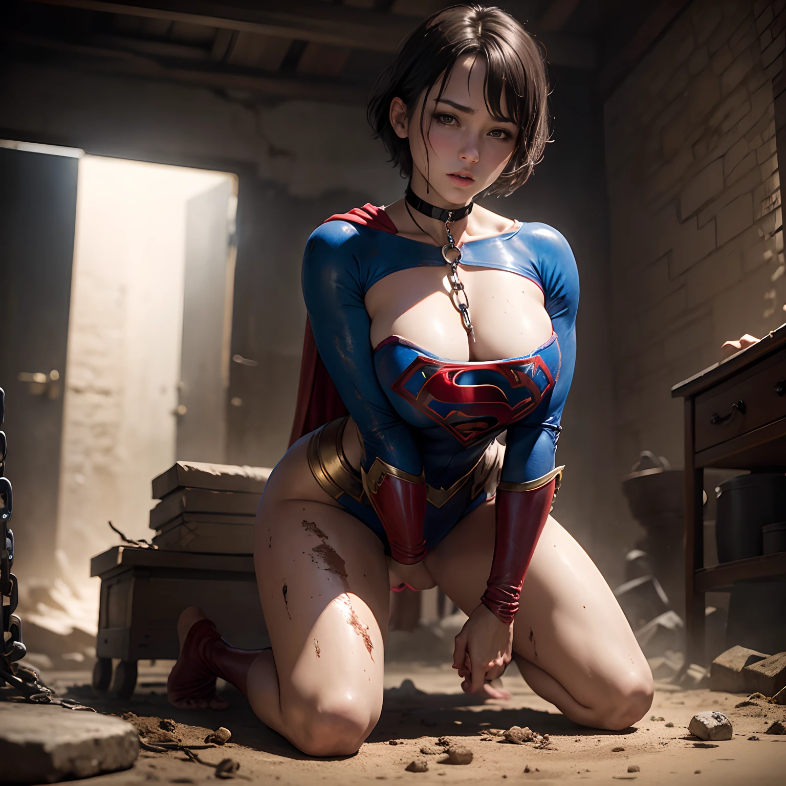 ​masterpiece、Chained to a dungeon、Short-haired Supergirl kneeling barefoot、large full breasts、Looking at the camera、Glossy costume、Tattered costume、a choker、humiliated、Mud stains、Sex slaves