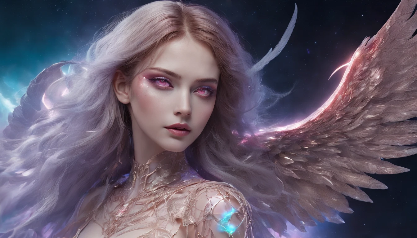 Cosmic Fallen Angel, glowing light eyes, Delicate and beautiful face,Bigchest,Biomechanical, eerie, Dream-like, Very bright colors, Light particles, with light glowing, Mshiv, wallpaper art, UHD wallpaper
