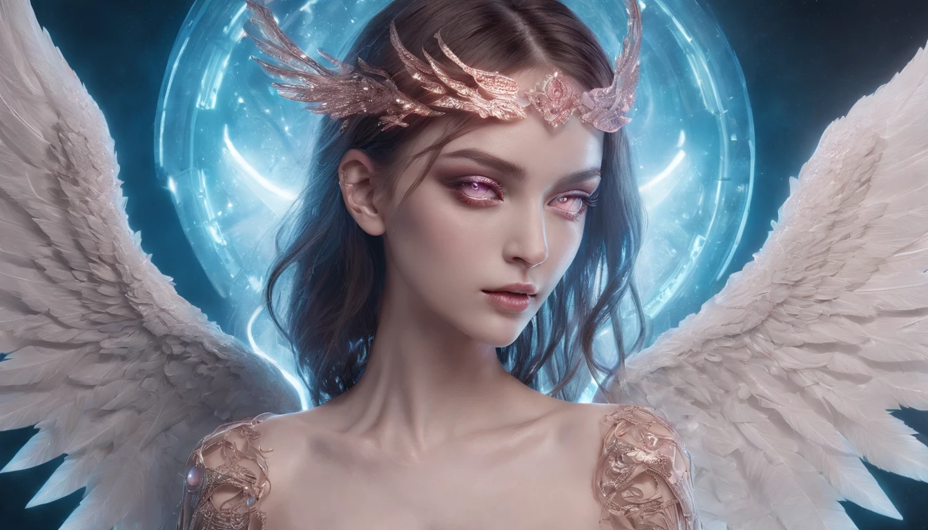 Cosmic Fallen Angel, glowing light eyes, Delicate and beautiful face，Bigchest，Biomechanical, eerie, Dream-like, Very bright colors, Light particles, with light glowing, Mshiv, wallpaper art, UHD wallpaper