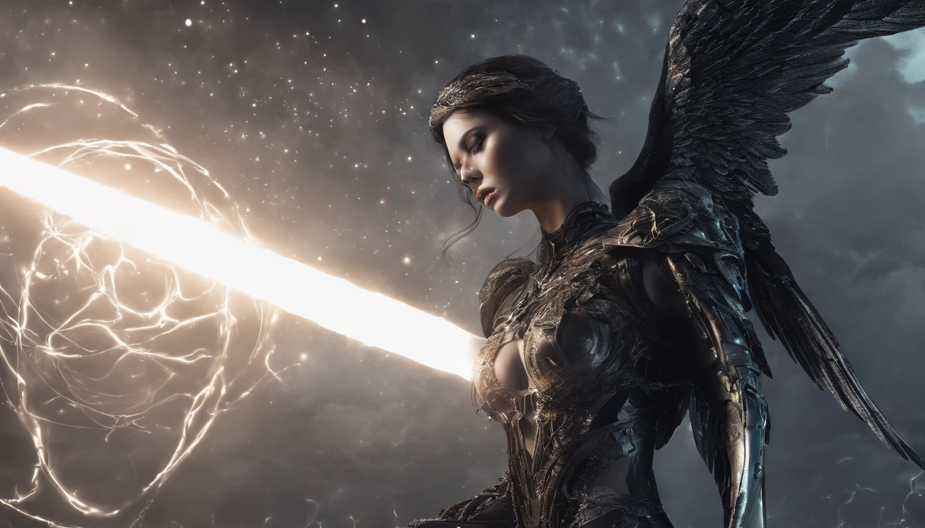 Cosmic Fallen Angel, glowing light eyes, Delicate and beautiful face,Bigchest,Biomechanical, eerie, Dream-like, Very bright colors, Light particles, with light glowing, Mshiv, wallpaper art, UHD wallpaper