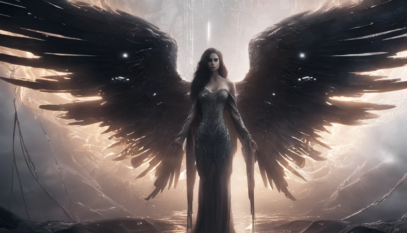 Cosmic Fallen Angel, glowing light eyes, Delicate and beautiful face,Bigchest,Biomechanical, eerie, Dream-like, Very bright colors, Light particles, with light glowing, Mshiv, wallpaper art, UHD wallpaper