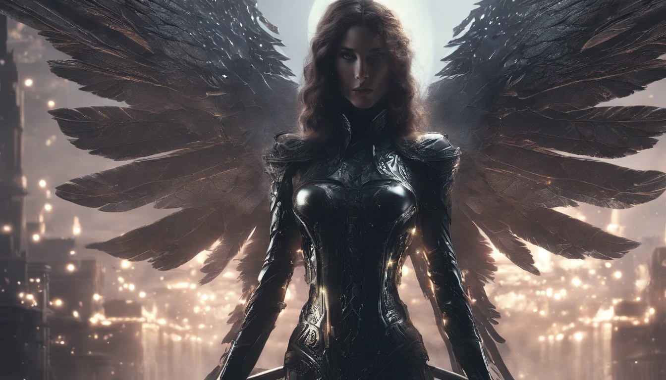 Cosmic Fallen Angel, glowing light eyes, Delicate and beautiful face,Bigchest,Biomechanical, eerie, Dream-like, Very bright colors, Light particles, with light glowing, Mshiv, wallpaper art, UHD wallpaper
