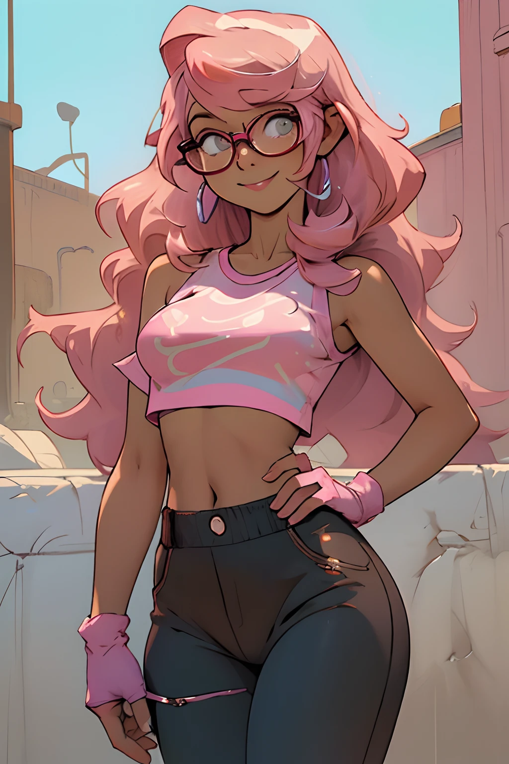 (masterpiece, best quality:1.2), cowboy shot, solo, 1girl, glasses, long fluffy pink hair, chubby, white t-shirt, pink fluffy sweatpants, cowboy shot, slight smile, crop top, pajamas, stomach, navel exposed, large breasts