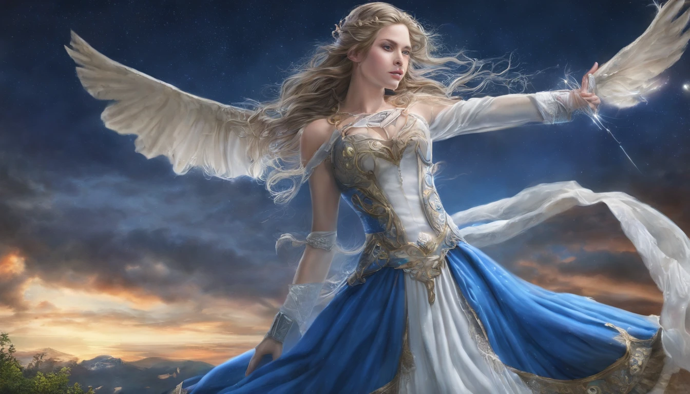 (melhor qualidade, masutepiece), young woman, vestido azul medieval da princesa, Posar, Particle, vento, flor, parte superior do corpo, fundo da noite da lua cheia, Olhando para o Viewer, longos cabelos dourados lisos soprados pelo vento, olhos azuis detalhados, galaxy, back lighting, Luzes de aro, beautiful artwork, perfect composition