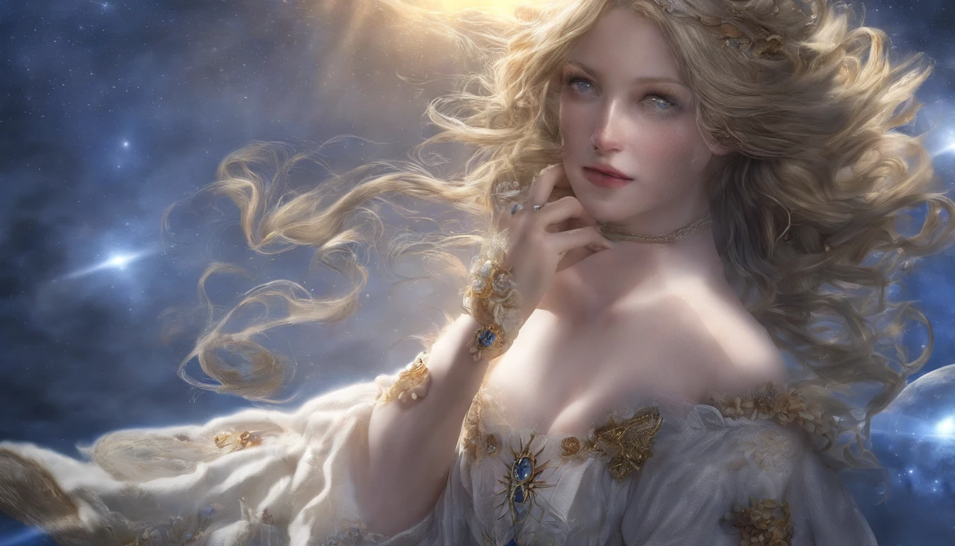(melhor qualidade, masutepiece), young woman, vestido azul medieval da princesa, Posar, Particle, vento, flor, parte superior do corpo, fundo da noite da lua cheia, Olhando para o Viewer, longos cabelos dourados lisos soprados pelo vento, olhos azuis detalhados, galaxy, back lighting, Luzes de aro, beautiful artwork, perfect composition