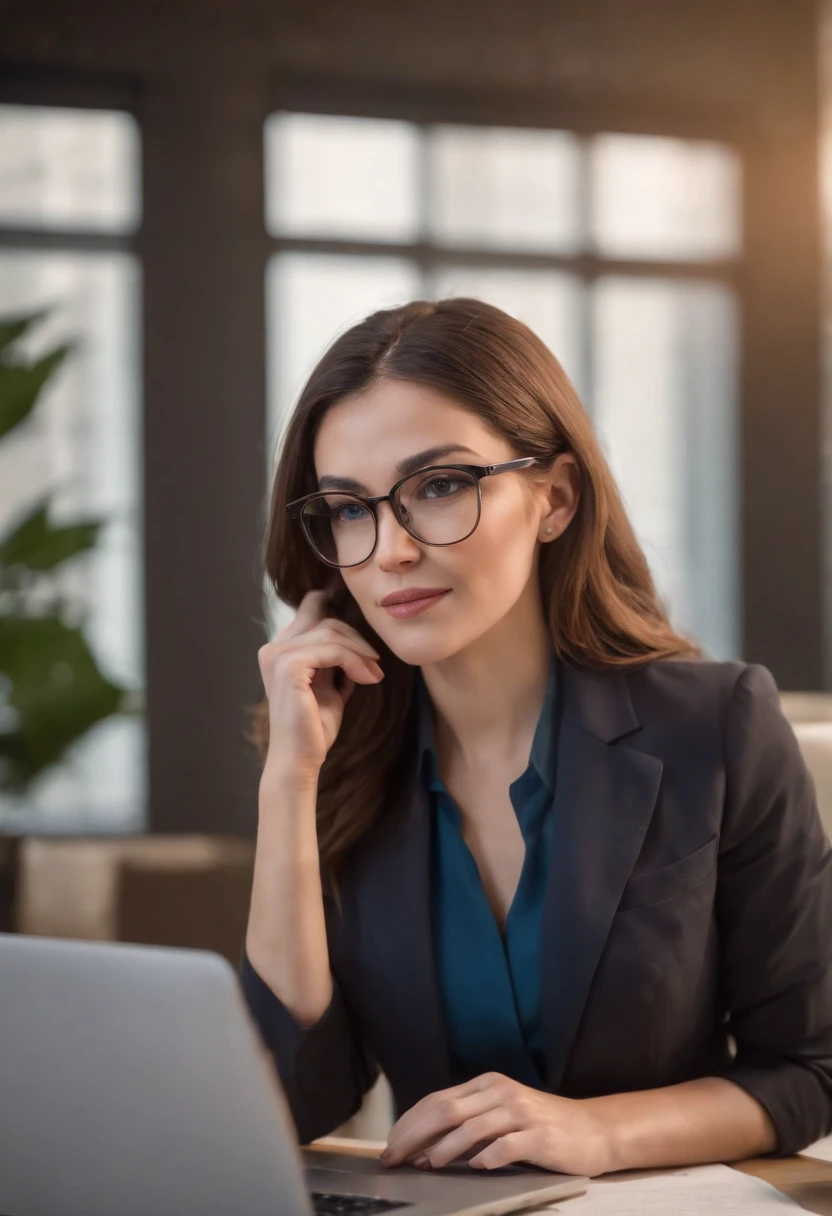 Cartoon Style Businesswoman using laptop Full Body, cabelo castanho com rabo de cavalo , wearing glasses, folha de caracteres