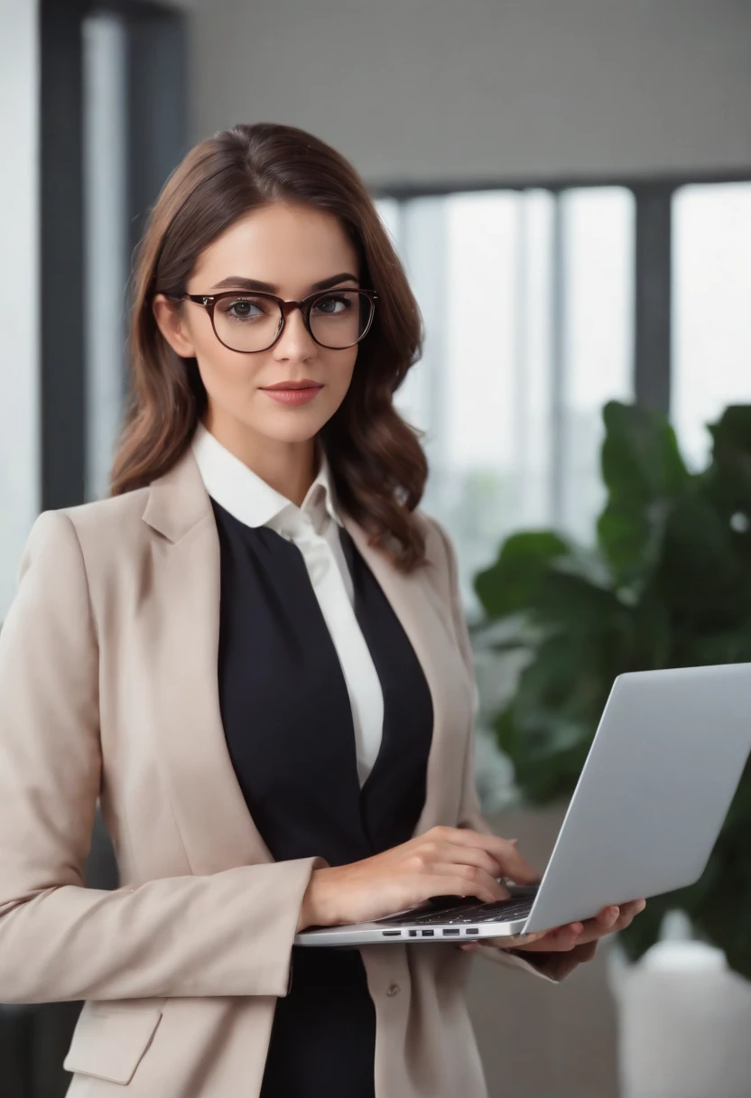 Cartoon Style Businesswoman using laptop Full Body, cabelo castanho com rabo de cavalo , wearing glasses, folha de caracteres
