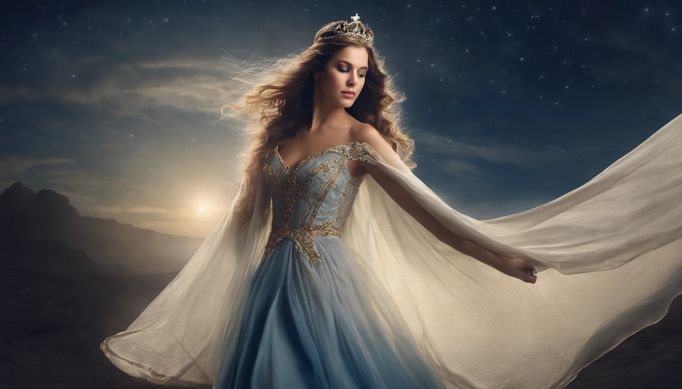 (melhor qualidade, masutepiece), young  woman, vestido azul medieval da princesa, Posar, Particle, vento, flor, parte superior do corpo, fundo da noite da lua cheia, Olhando para o Viewer, longos cabelos dourados lisos soprados pelo vento, olhos azuis detalhados, galaxy, back lighting, Luzes de aro, beautiful artwork, perfect composition