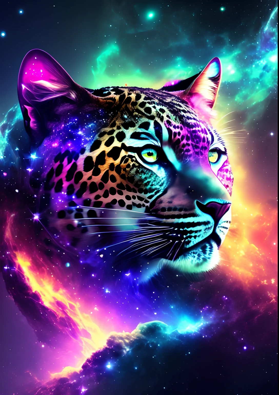 dreamlikeart, galaxy, outer space, nebula, star, [cyberpunked] Leopard from the stars (star:1.5),