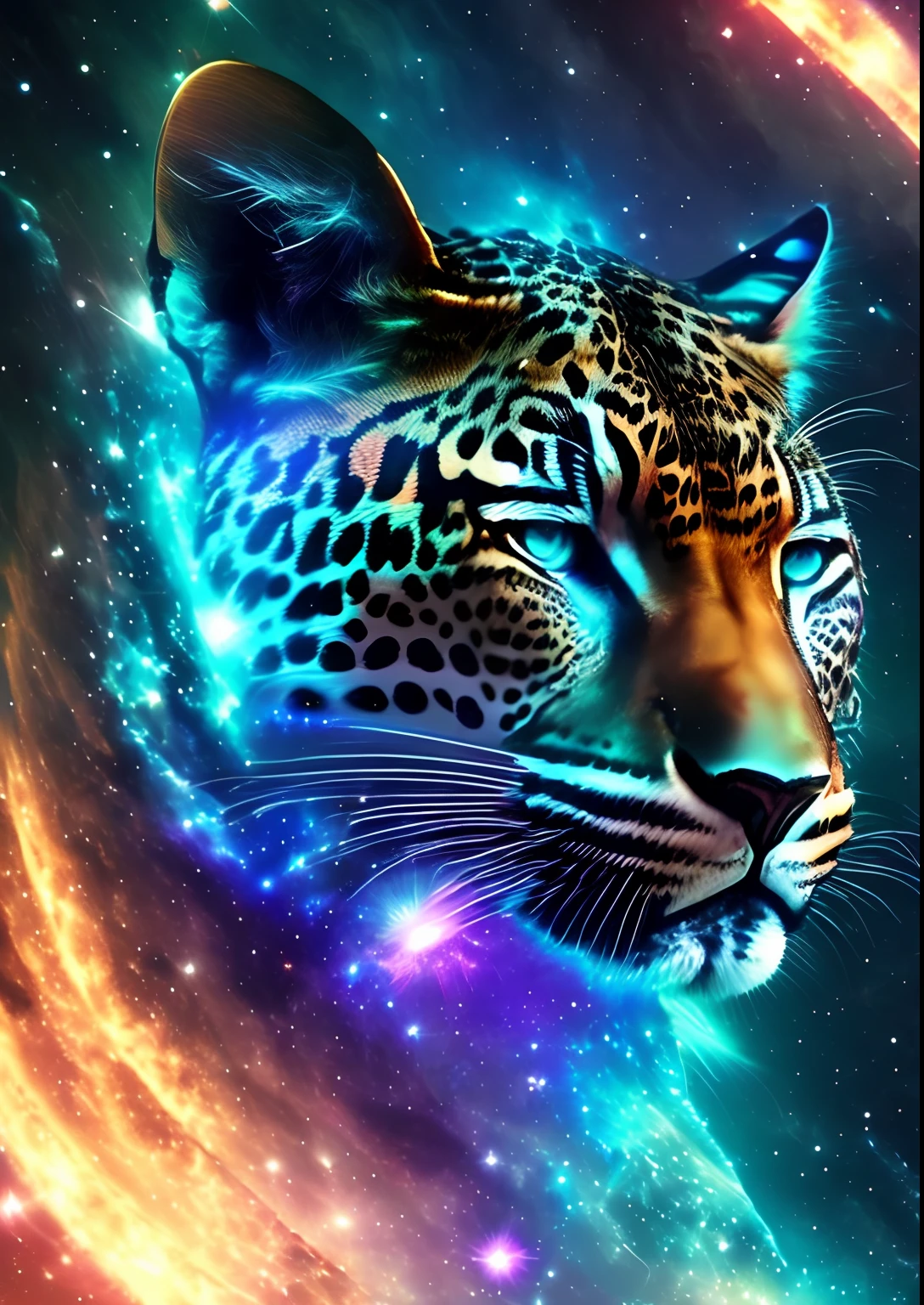 dreamlikeart, galaxy, outer space, nebula, star, [cyberpunked] Leopard from the stars (star:1.5),