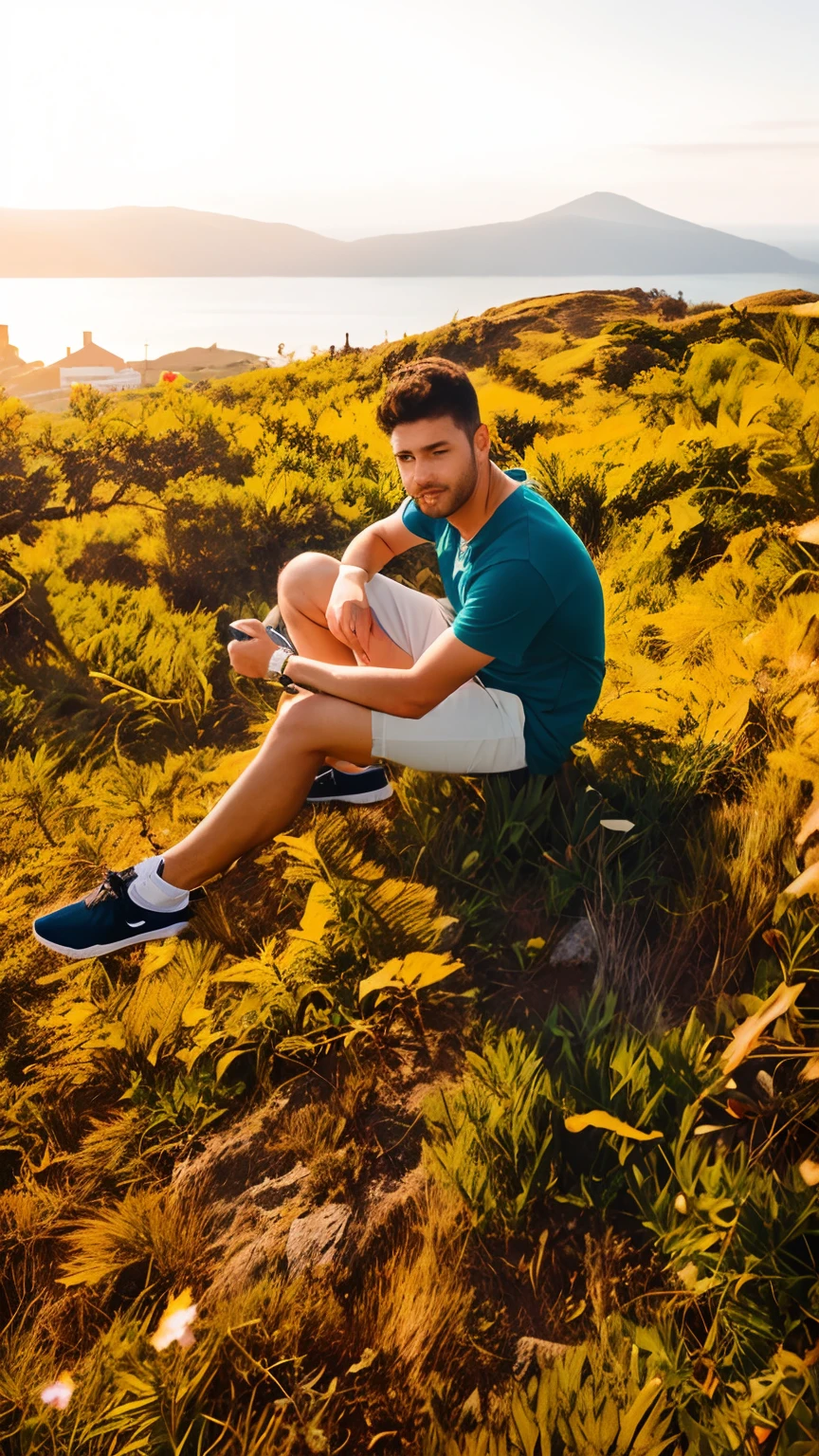 a man sitting on a hill with a view of the ocean, casual photography, sitting on the ground, edited in photoshop,casual pose, sunlight, top view of the mountain, sunlight, realistic, hyper realistic, 8k