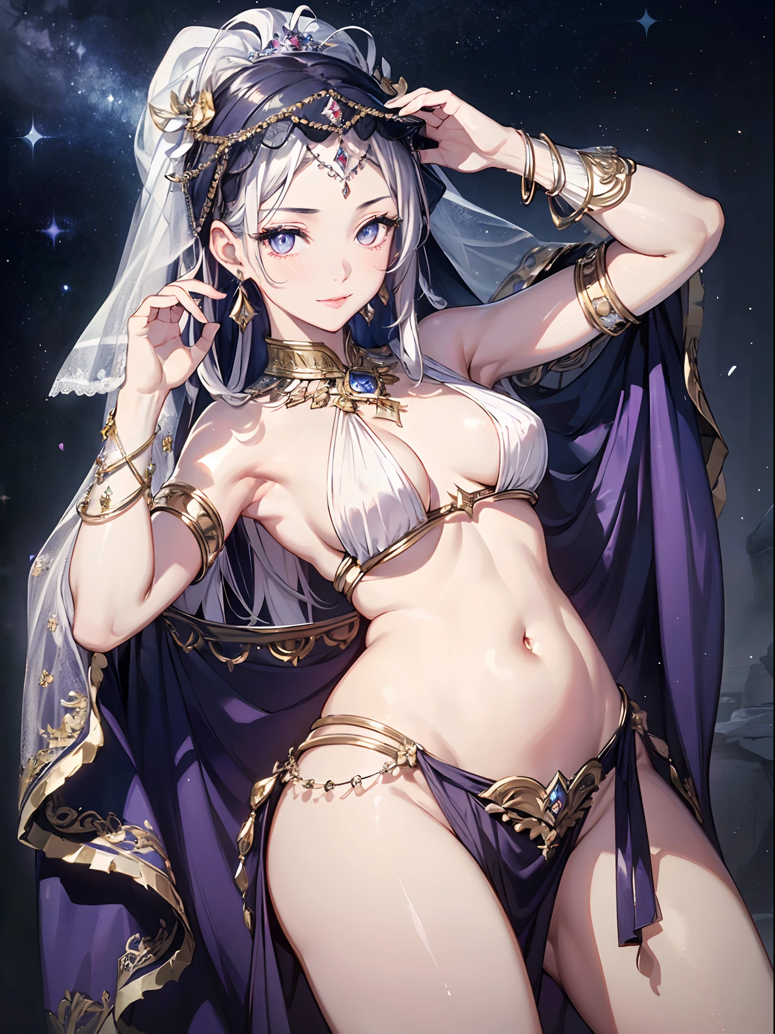 (​masterpiece,of the highest quality、8K ),Insanely detailed, Caustics,One Cute Girl,(:1.1),Seductive smile,Mega Ponytail,Half rim(Belly Dance Dancer Costume:1.3),veils、(Face Veil:1.3),veils,Look at viewers,Midriff,Butt crack,Glamorous hips,(From  above:1.1),(rollback :1.2),arms on head,Arabian Night、Arabian Stage、(detailed and beautiful eyes、(Glossy Lip、Crystal clear skin、White and beautiful skin:1.2),long lashes、Eye Highlights,Twinkle Eyes,Hyper realistic,Perfect Anatomy