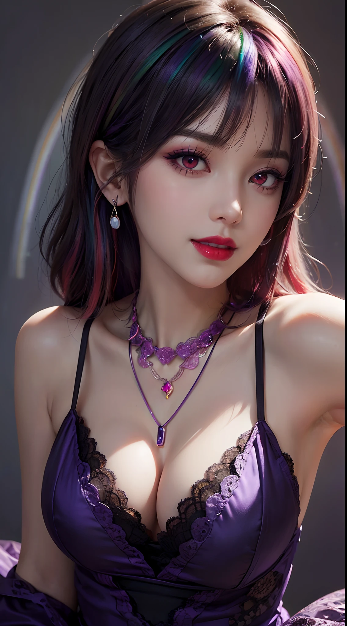 A beautiful and sexy 20-year-old girl, wearing an ultra-thin red dress, a diamond-embellished dress, ((long rainbow-dyed hair:1.6)), bangs, elaborate jewelry made from precious stones, and beautiful hair, ((wearing a purple lace necklace:1.6))), the aristocratic and aristocratic style of the girl is extremely beautiful, the small face is super cute, the face is very pretty, the eyebrows are thin, the flawless beautiful face, ((black eye pupils: 0.8)), very beautiful eyes, ((light red eyes: 1.5)), beautiful makeup and detailed eyelashes, steamy eye makeup , high nose, earrings, red lips, ((closed mouth: 1;5 )) beautiful lips, slim hands, most beautiful thighs, ((arms spread out to the sides: 1.5)), rosy face, clean face , flawless beautiful face, smooth white skin, (big breasts: 1.5)), ((high breasts: 1.6)), Plump breasts, nice cleavage, ((big and super round breasts: 1.8))), ((super tight breasts: 1.5)) , beautiful breasts, back arms, beautiful girl's upper body, 8k photo, super high quality, super realistic, 10x super pixel, optical, dark studio, light border, two-tone light, (high detail skin:1.2), super 8k, soft light, high quality, volumetric lighting, realistic, Photo, high resolution, lighting, best photo, 4k quality, 8k, effects blur, Smooth and sharp, 10 x pixels, (galaxy: 1.7), aurora, lightning, surreal graphics, most realistic graphics, alone, solo, Extremely sharp, surreal images, ( ((frontal portrait:1.3)))."
