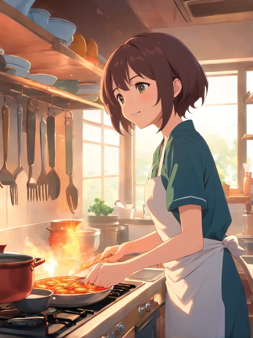 A grandmother who loves to cook happily cooks in the kitchen,Have fun in old age