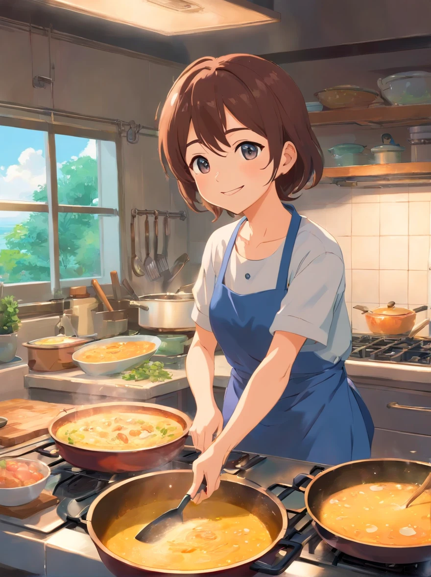 A grandmother who loves to cook happily cooks in the kitchen，Have fun in old age