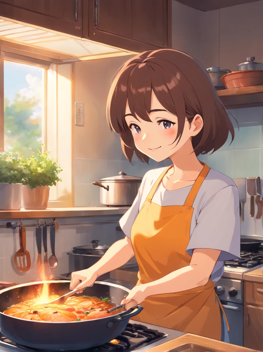 A grandmother who loves to cook happily cooks in the kitchen，Have fun in old age