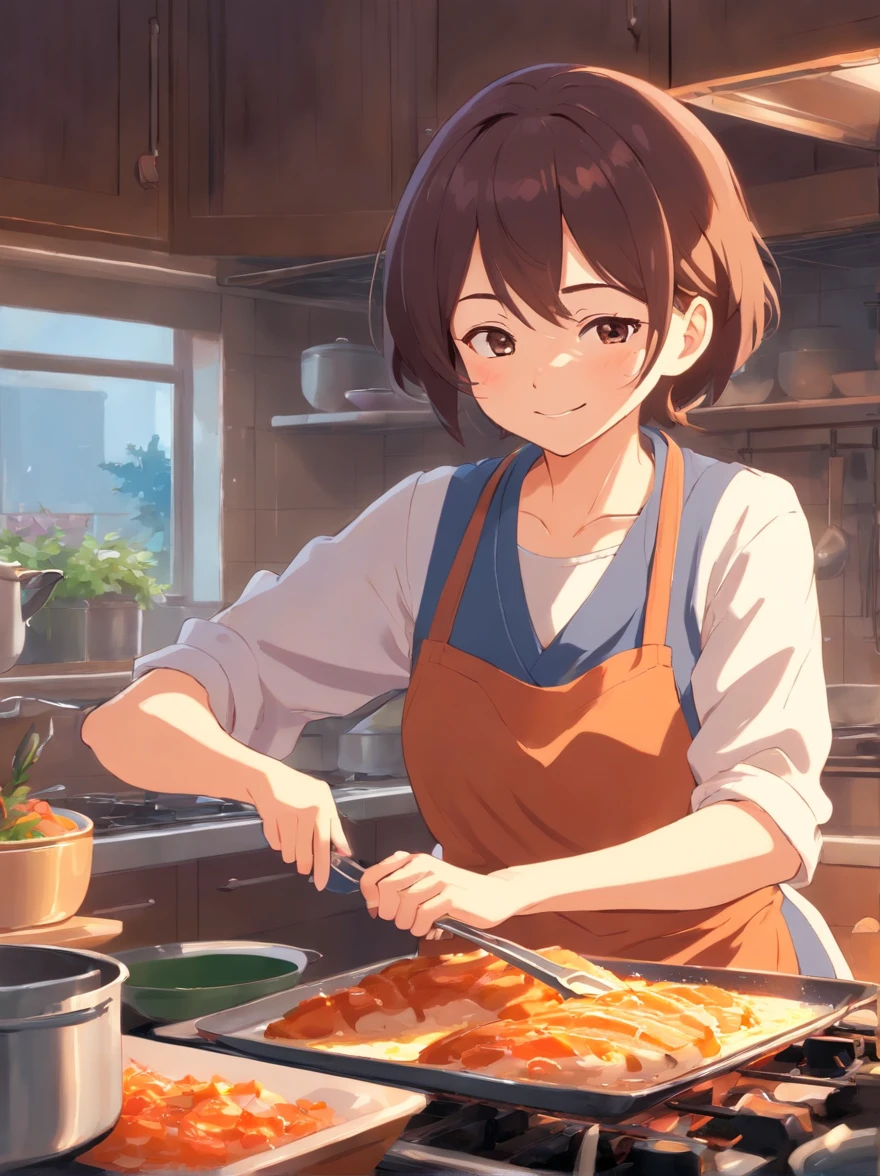 A grandmother who loves to cook happily cooks in the kitchen，Have fun in old age