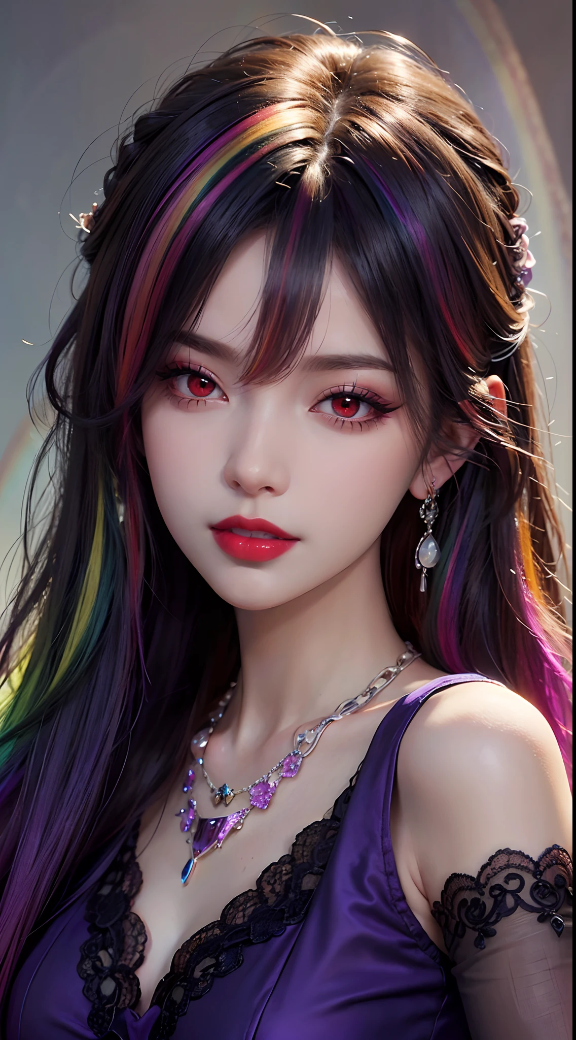 A beautiful and sexy 20-year-old girl, wearing an ultra-thin red dress, a diamond-embellished dress, ((long rainbow-dyed hair:1.6)), bangs, elaborate jewelry made from precious stones, and beautiful hair, ((wearing a purple lace necklace:1.6))), the aristocratic and aristocratic style of the girl is extremely beautiful, the small face is super cute, the face is very pretty, the eyebrows are thin, the flawless beautiful face, ((black eye pupils: 0.8)), very beautiful eyes, ((light red eyes: 1.5)), beautiful makeup and detailed eyelashes, steamy eye makeup , high nose, earrings, red lips, ((closed mouth: 1;5 )) beautiful lips, slim hands, most beautiful thighs, ((arms spread out to the sides: 1.5)), rosy face, clean face , flawless beautiful face, smooth white skin, (big breasts: 1.5)), ((high breasts: 1.6)), Plump breasts, nice cleavage, ((big and super round breasts: 1.8))), ((super tight breasts: 1.5)) , beautiful breasts, back arms, beautiful girl's upper body, 8k photo, super high quality, super realistic, 10x super pixel, optical, dark studio, light border, two-tone light, (high detail skin:1.2), super 8k, soft light, high quality, volumetric lighting, realistic, Photo, high resolution, lighting, best photo, 4k quality, 8k, effects blur, Smooth and sharp, 10 x pixels, (galaxy: 1.7), aurora, lightning, surreal graphics, most realistic graphics, alone, solo, Extremely sharp, surreal images, ( ((frontal portrait:1.3)))."