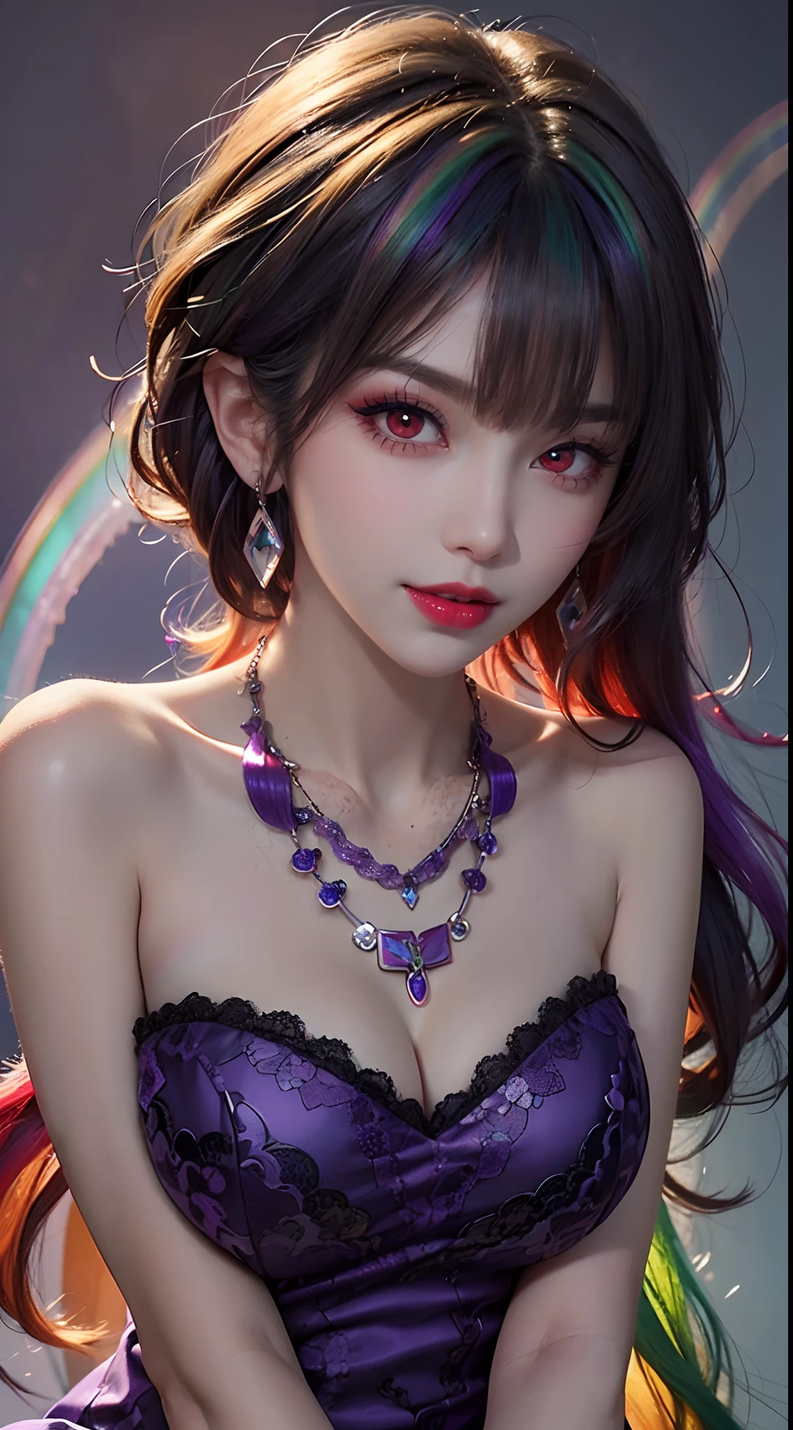 A beautiful and sexy 20-year-old girl, wearing an ultra-thin red dress, a diamond-embellished dress, ((long rainbow-dyed hair:1.6)), bangs, elaborate jewelry made from precious stones, and beautiful hair, ((wearing a purple lace necklace:1.6))), the aristocratic and aristocratic style of the girl is extremely beautiful, the small face is super cute, the face is very pretty, the eyebrows are thin, the flawless beautiful face, ((black eye pupils: 0.8)), very beautiful eyes, ((light red eyes: 1.5)), beautiful makeup and detailed eyelashes, steamy eye makeup , high nose, earrings, red lips, ((closed mouth: 1;5 )) beautiful lips, slim hands, most beautiful thighs, ((arms spread out to the sides: 1.5)), rosy face, clean face , flawless beautiful face, smooth white skin, (big breasts: 1.5)), ((high breasts: 1.6)), Plump breasts, nice cleavage, ((big and super round breasts: 1.8))), ((super tight breasts: 1.5)) , beautiful breasts, back arms, beautiful girl's upper body, 8k photo, super high quality, super realistic, 10x super pixel, optical, dark studio, light border, two-tone light, (high detail skin:1.2), super 8k, soft light, high quality, volumetric lighting, realistic, Photo, high resolution, lighting, best photo, 4k quality, 8k, effects blur, Smooth and sharp, 10 x pixels, (galaxy: 1.7), aurora, lightning, surreal graphics, most realistic graphics, alone, solo, Extremely sharp, surreal images, ( ((frontal portrait:1.3)))."