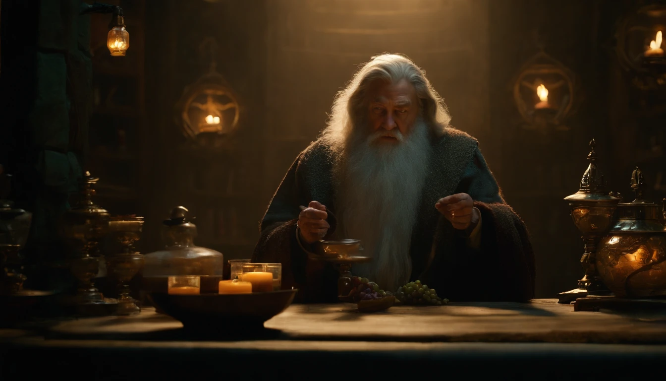 Realista、uma obra-prima de、melhor qualidade、(((Old Wise Wizard)))、Mixing Potion Moody Lighting、brilhar、brilhar、Misterioso、mistic、magica、magica、Rim lighting