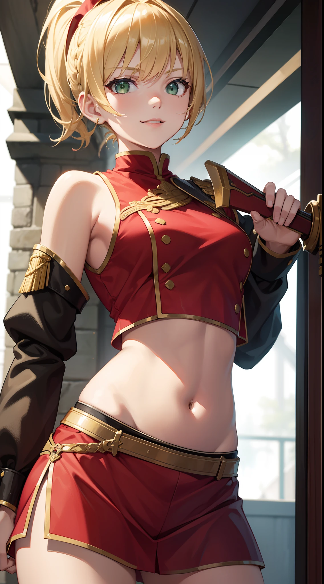 young girl, short blonde hair, high ponytail, Green eyes, Red Knight Uniform, Sleeveless, open shoulders, open belly, a sword, smirk, Masterpiece, hiquality, 4k, HD, Good detail