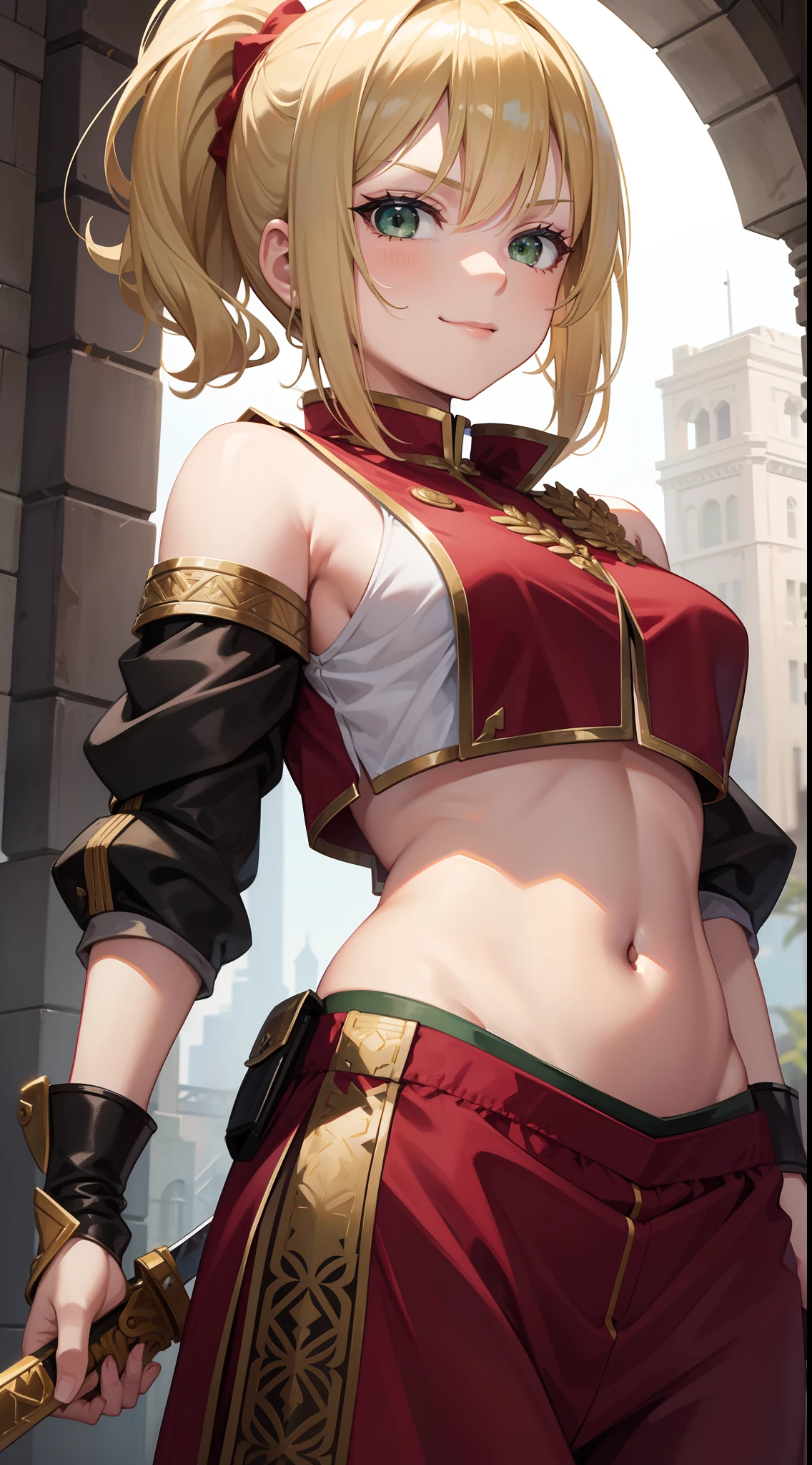 young girl, short blonde hair, high ponytail, Green eyes, Red Knight Uniform, Sleeveless, open shoulders, open belly, a sword, smirk, Masterpiece, hiquality, 4k, HD, Good detail