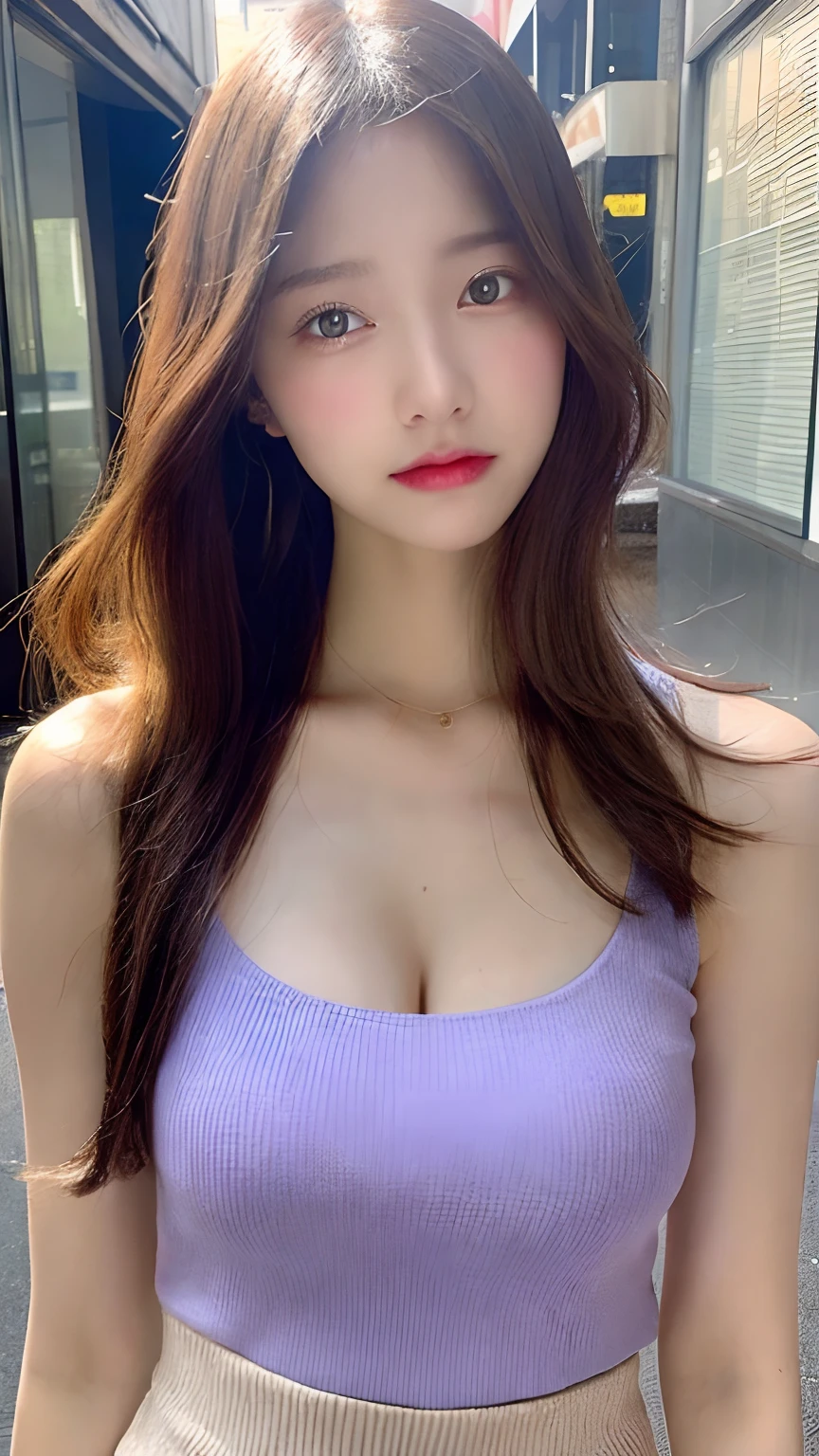 (Realistic, High resolution:1.3), 1 girl with perfect figure, super fine face and eyes, Long hair, Tank top: 1.Two of random colors, Short skirt, the city street, Big breasts, Exposed cleavage